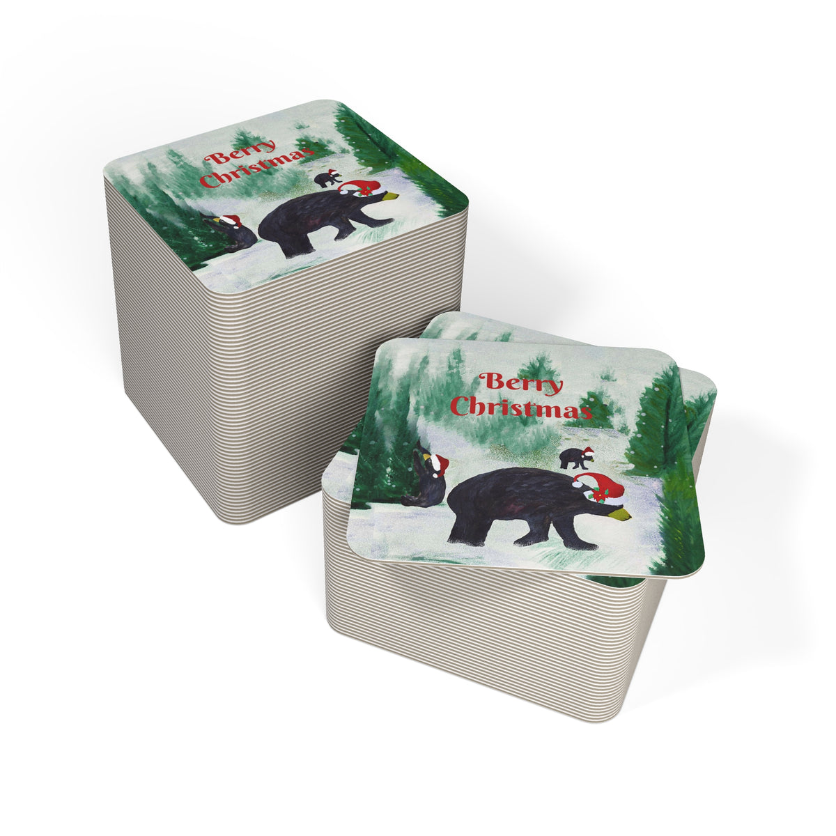 Christmas Bear Coasters — 'Berry Christmas' Holiday Drink Coasters (Set of 50/100)