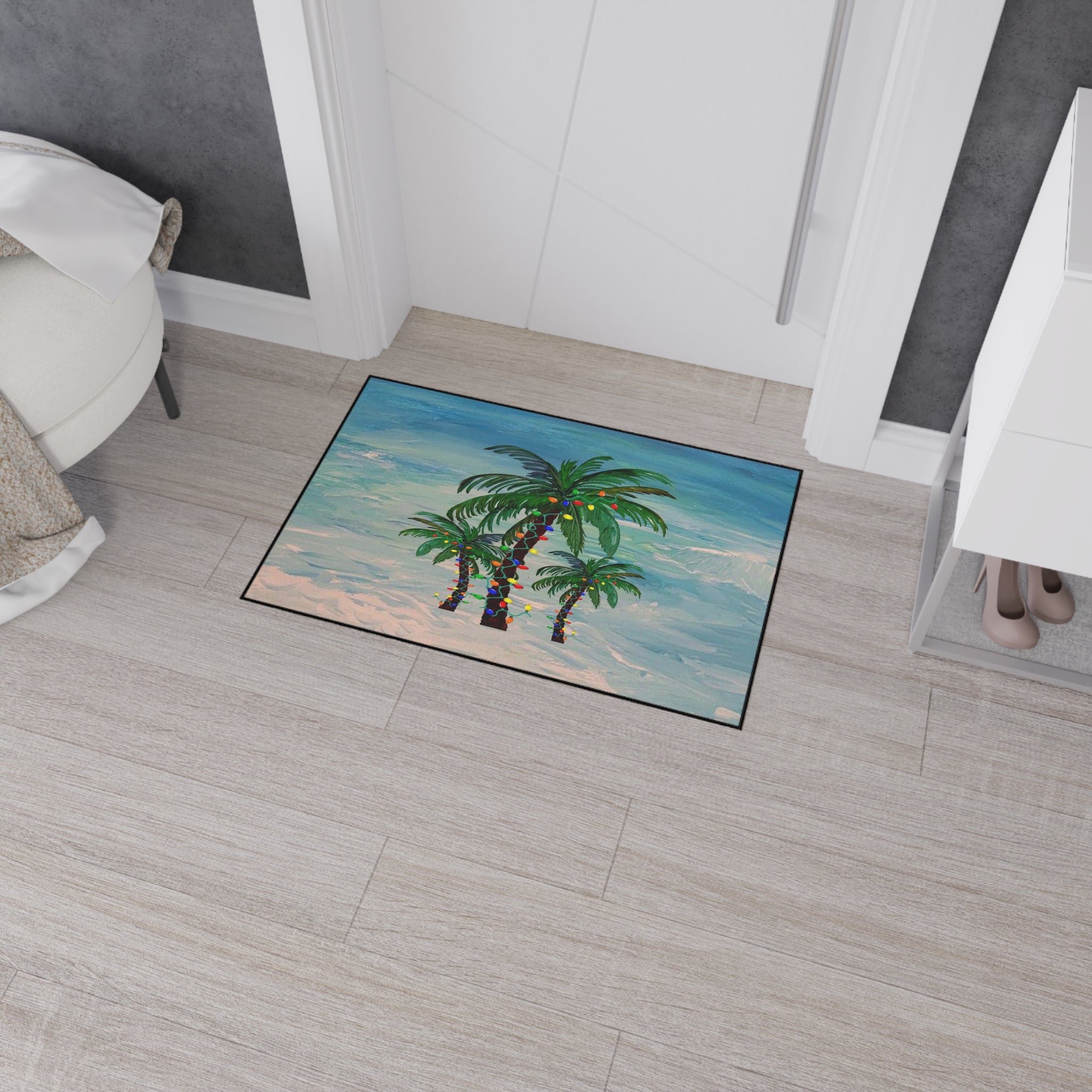 Tropical Palm Floor Mat — Palm Trees with String Lights Beach Doormat
