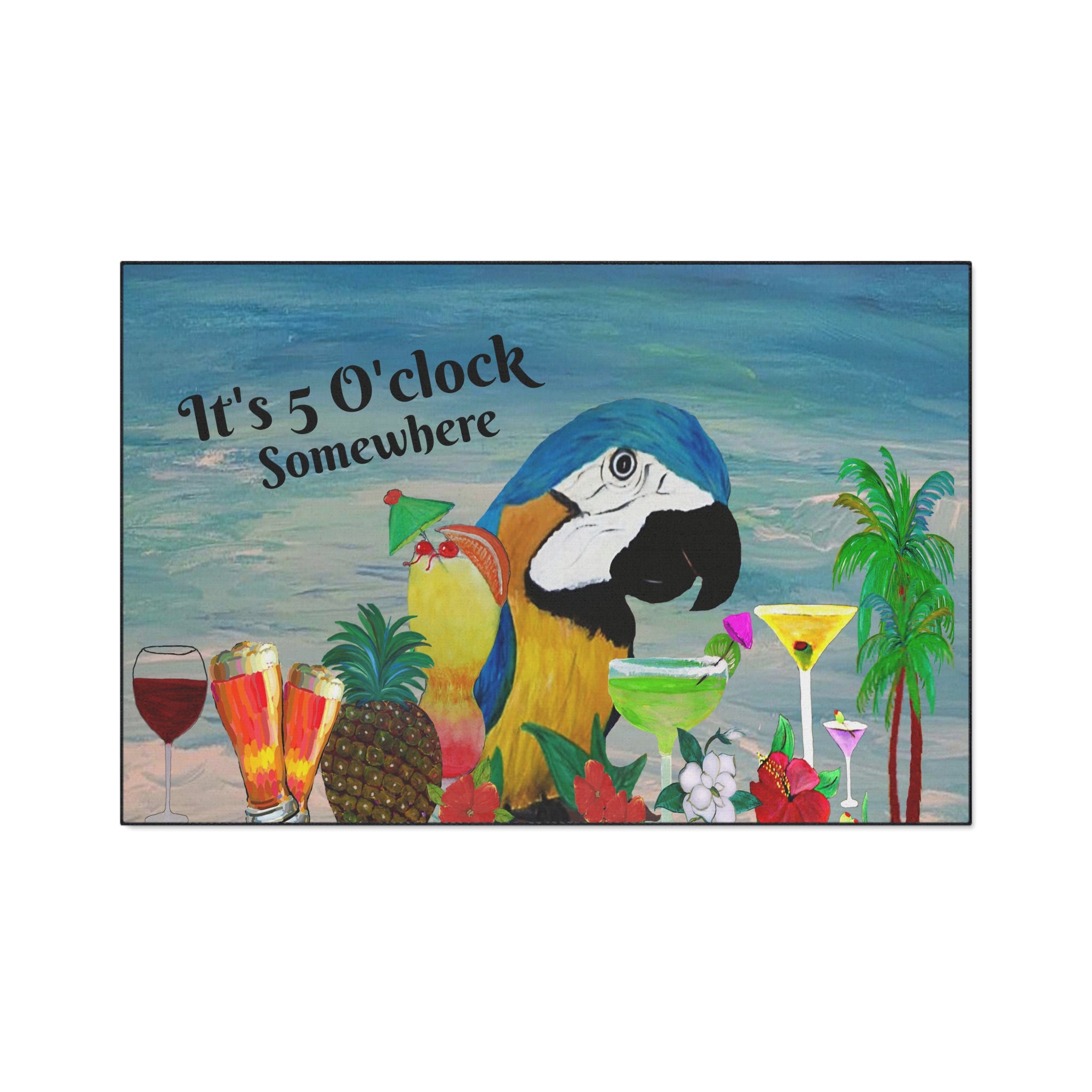 Parrot Bar Heavy Duty Floor Mat — "It's 5 O'Clock Somewhere" Tropical Parrot Drink Mat
