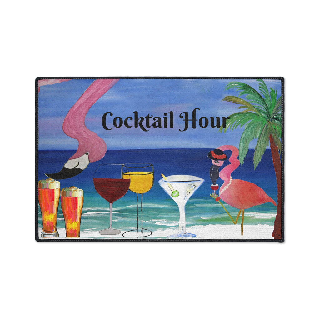 Cocktail Hour Flamingo Floor Mat — Tropical Beach Bar Welcome Mat