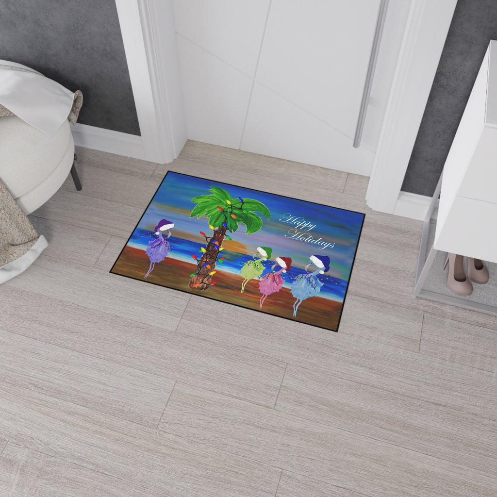 Holiday Beach Floor Mat — "Happy Holidays" Palm Tree & Carolers Doormat