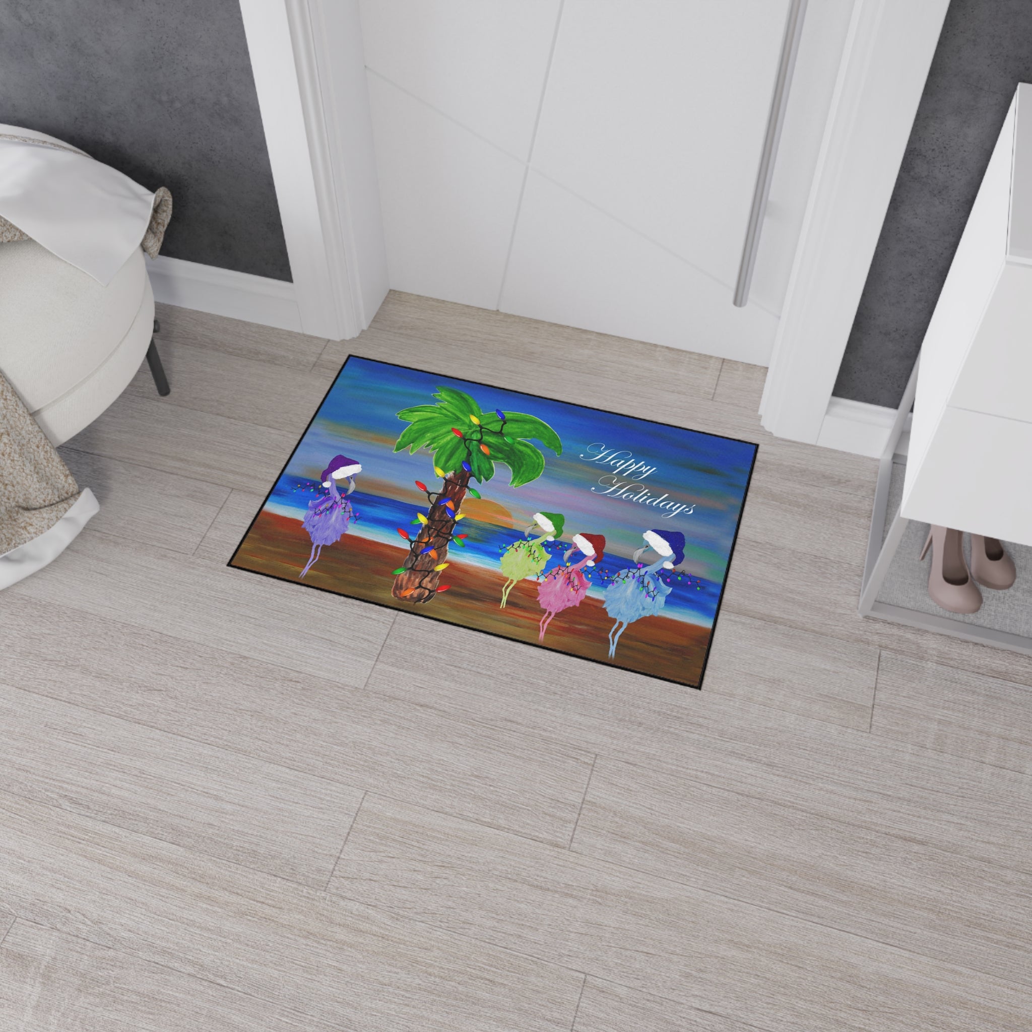 Holiday Beach Floor Mat — "Happy Holidays" Palm Tree & Carolers Doormat