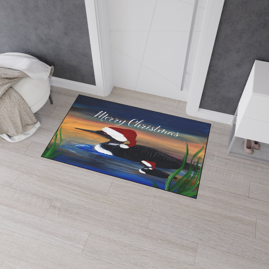 Christmas Loon Rug Doormat - "Merry Christmas" Holiday Waterfowl Floor Mat