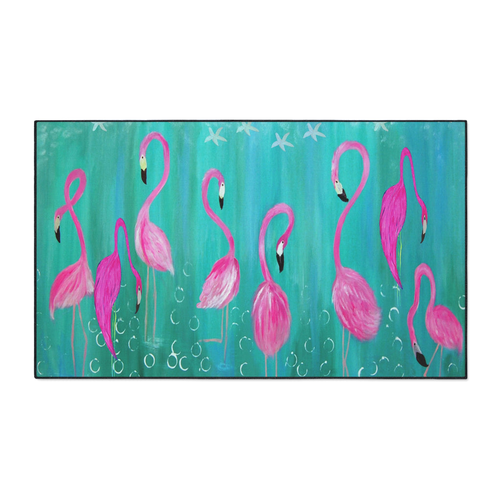 Flamingo Beach Floor Mat — Vibrant Pink Flamingos on Teal Non-Slip Mat