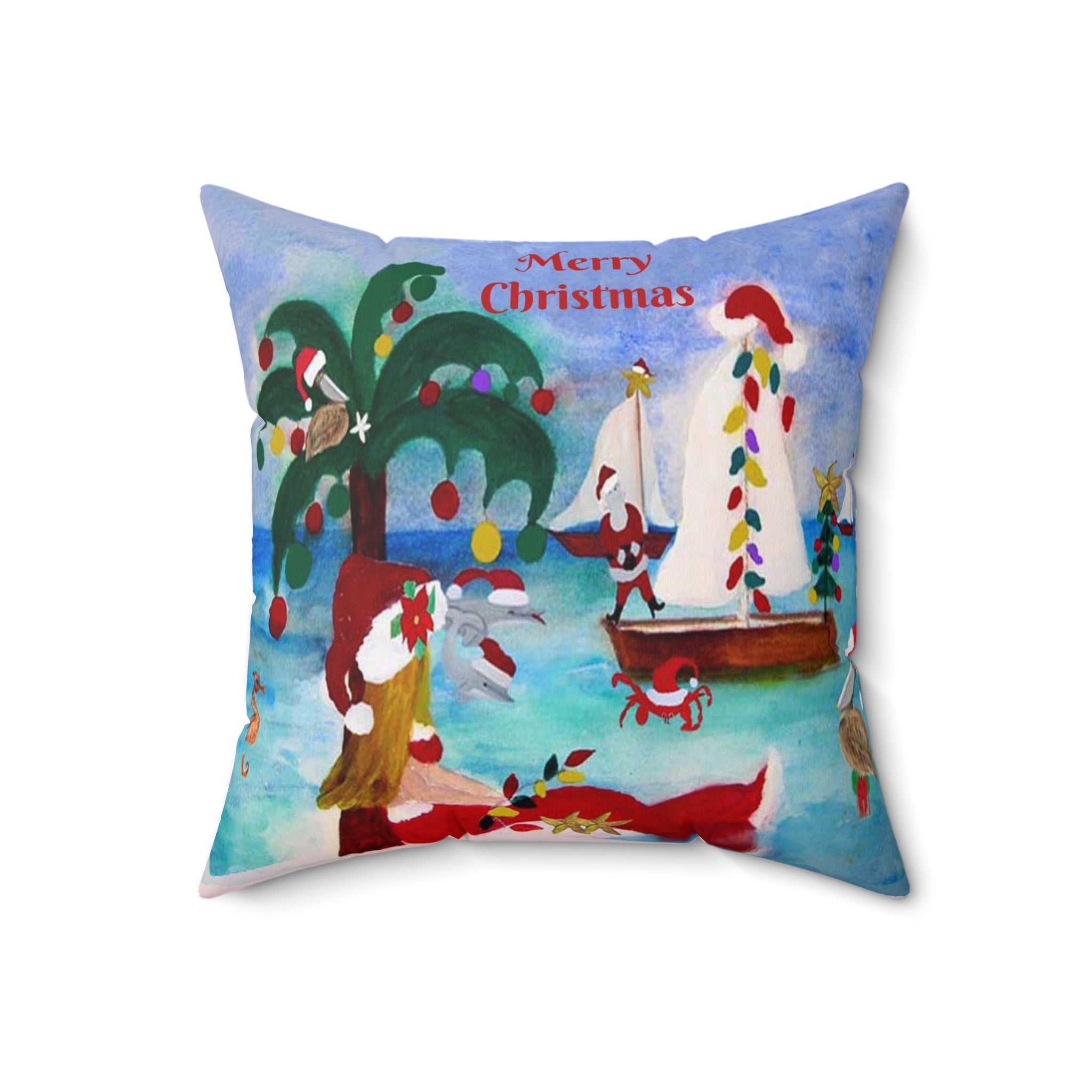 Christmas Coastal Pillow — 'Merry Christmas' Sailboat & Palm Tree Holiday Throw Pillow
