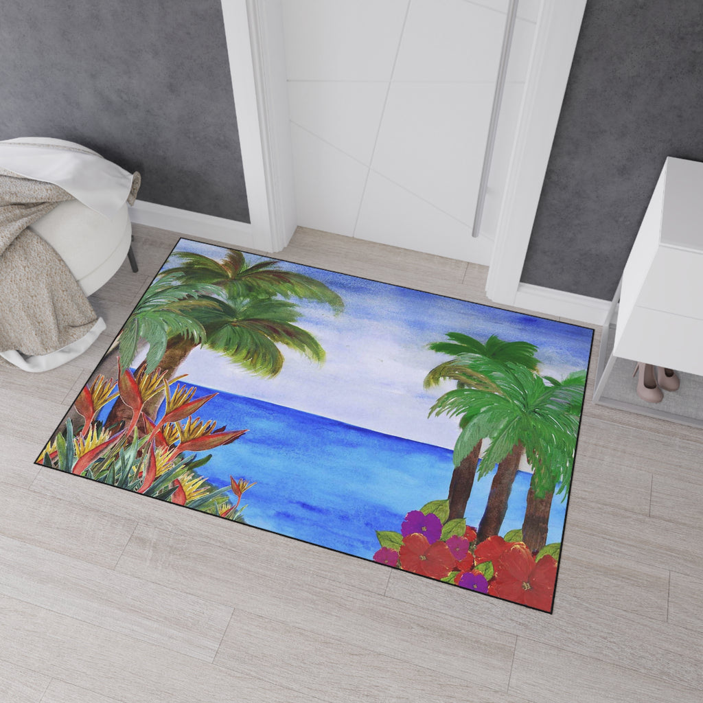 Tropical Beach Floor Mat – Palm Trees & Ocean Welcome Rug