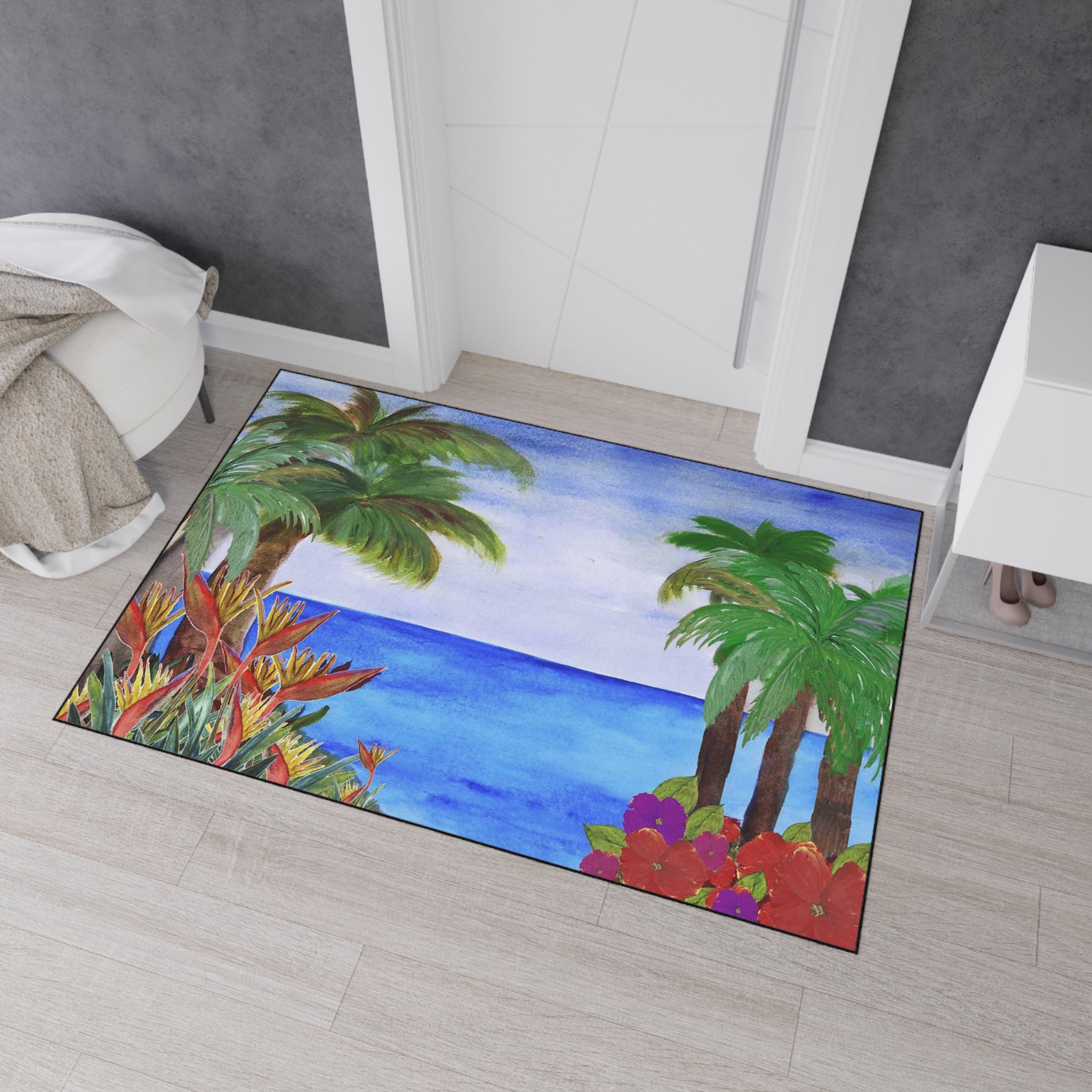 Tropical Beach Floor Mat – Palm Trees & Ocean Welcome Rug