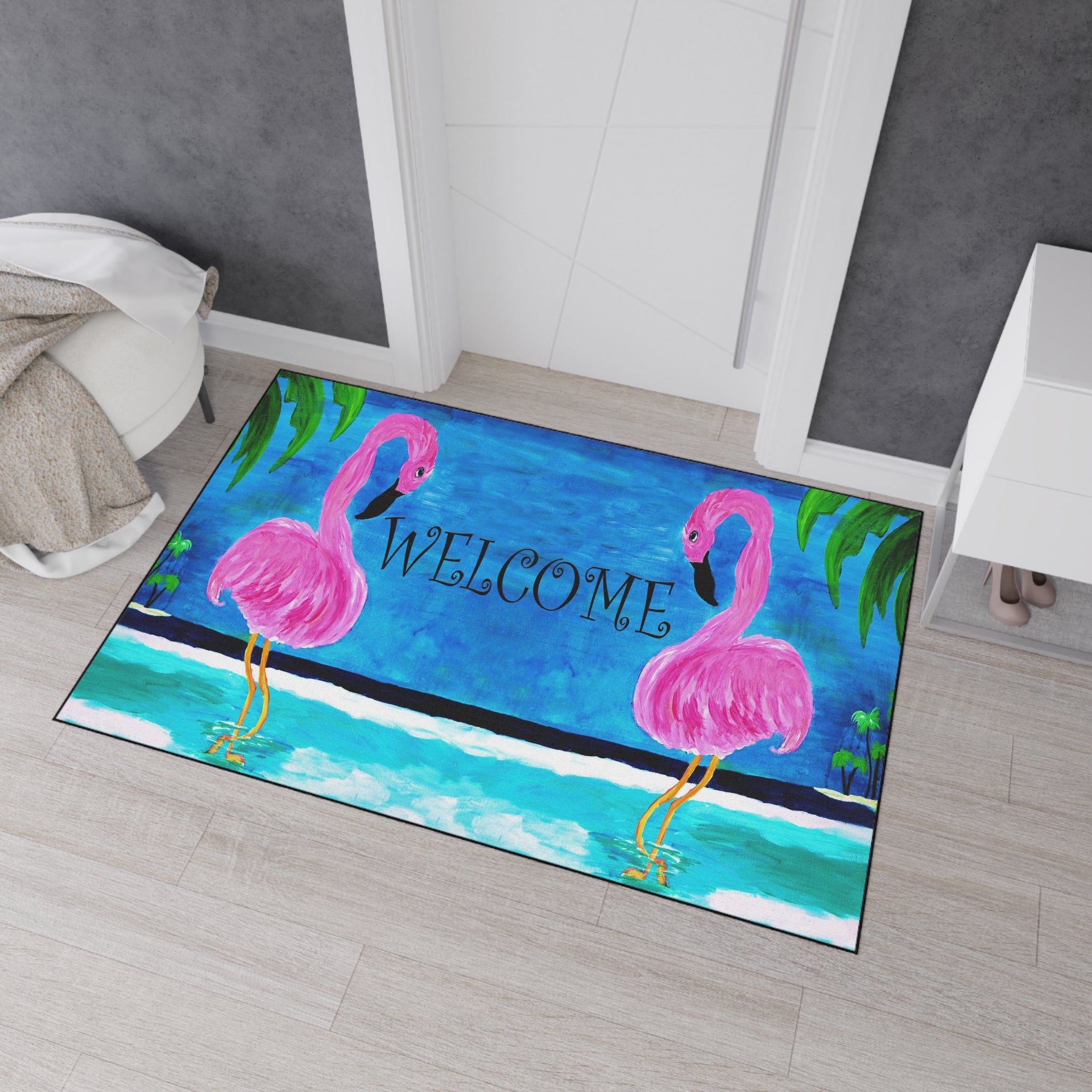 Welcome Flamingo Beach Mat — Heavy-Duty Tropical Welcome Doormat