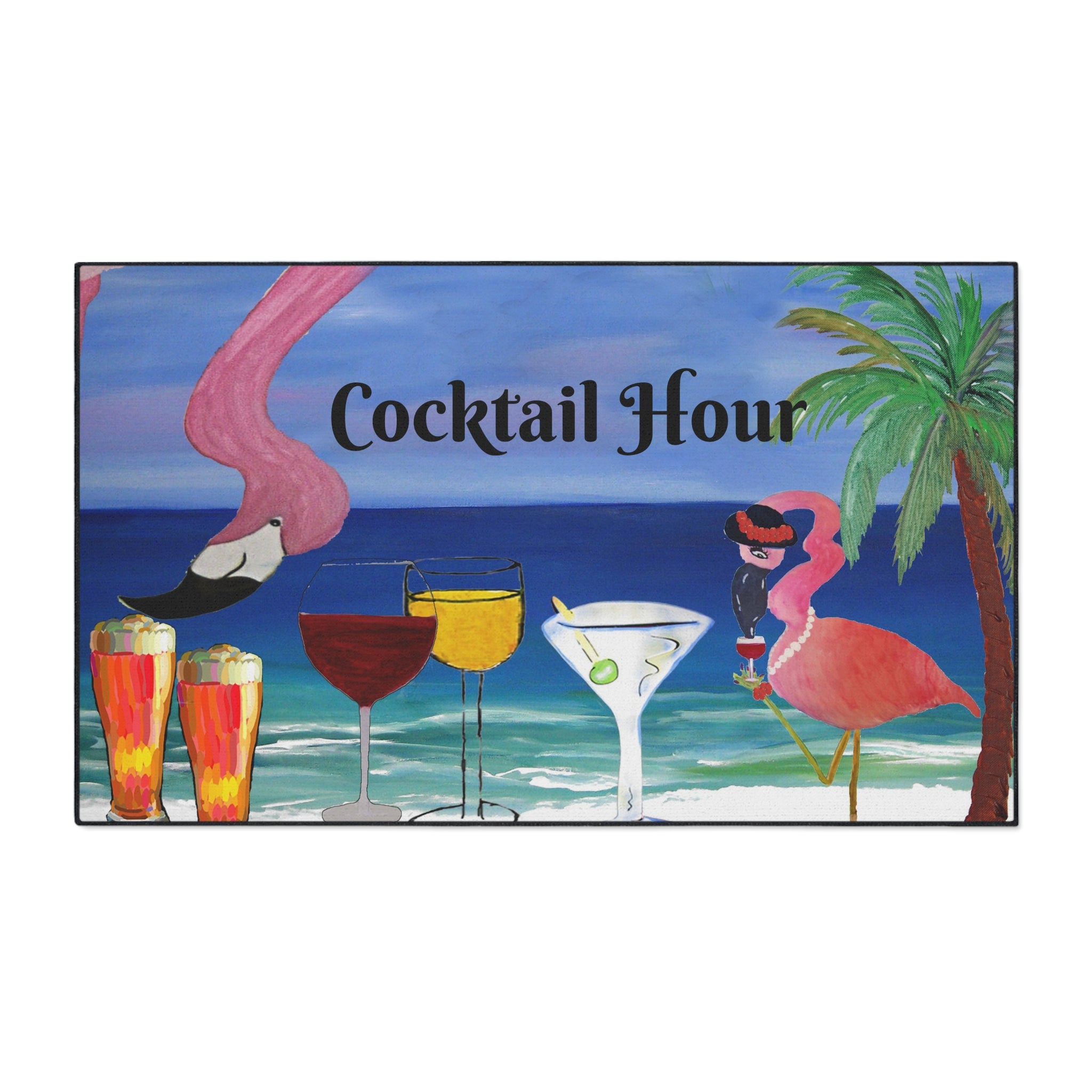 Cocktail Hour Flamingo Floor Mat — Tropical Beach Bar Welcome Mat