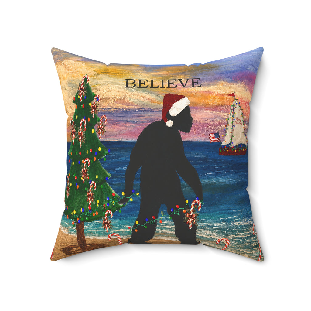 Believe Bigfoot Funny Nautical Holiday Christmas Throw Pillow