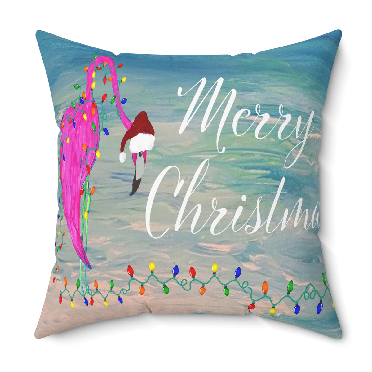 Tropical flamingo and Holiday lights clearwater beach Spun Polyester Square Pillow