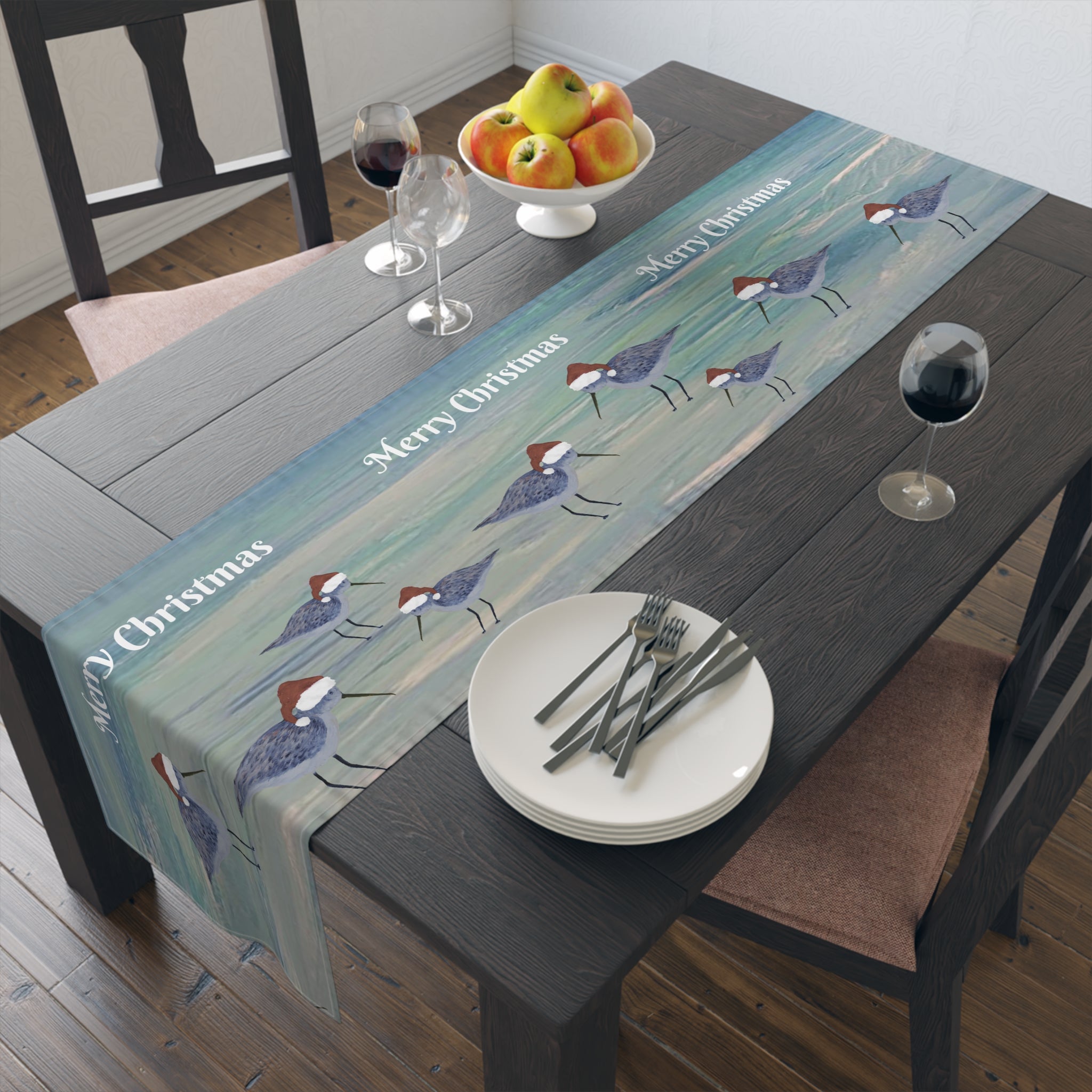 Christmas Shorebirds Table Runner – 'Merry Christmas' Coastal Holiday Decor