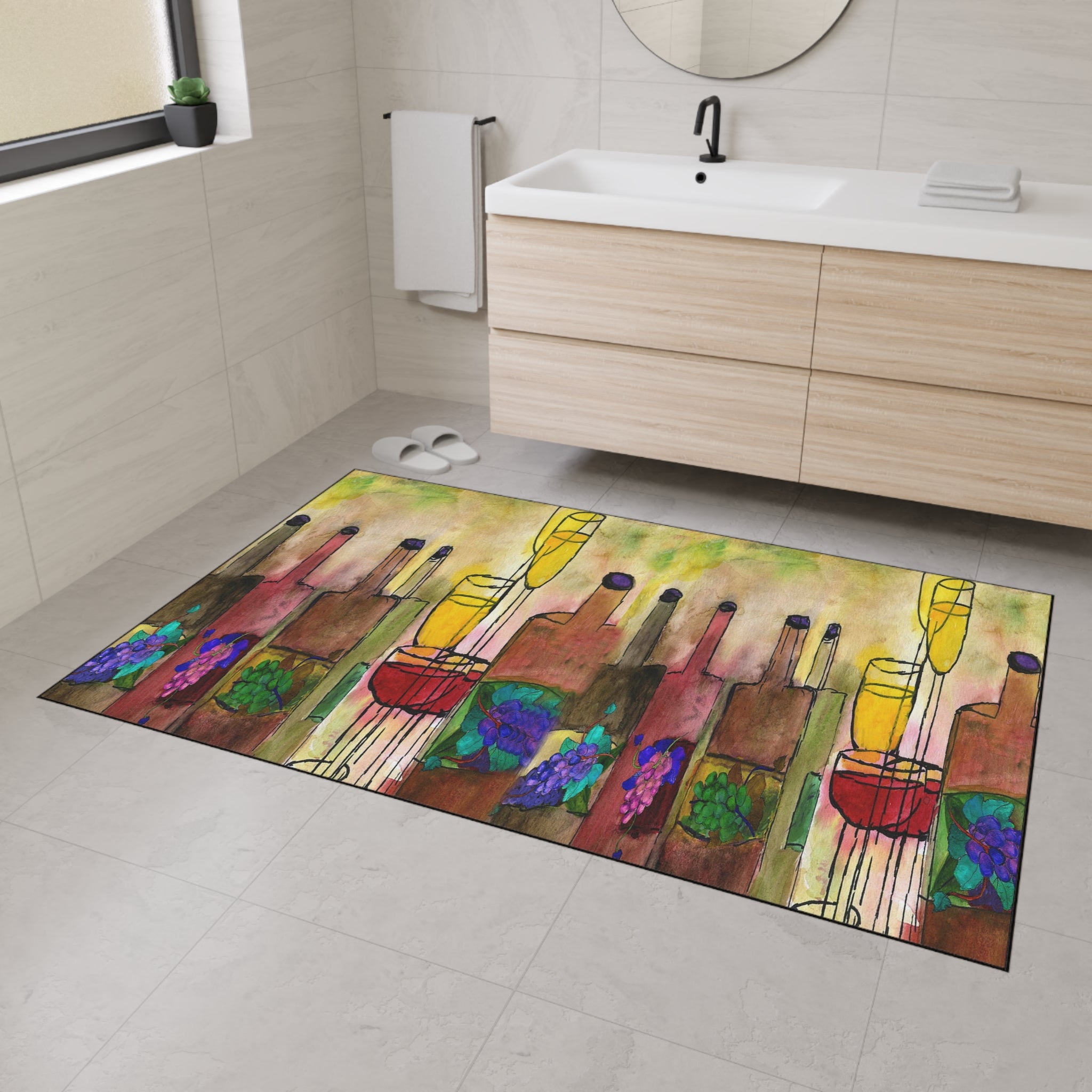 Wine Bottle Art Heavy Duty Floor Mat Vineyard Bar Colorful Grapes & Glasses Entry Rug