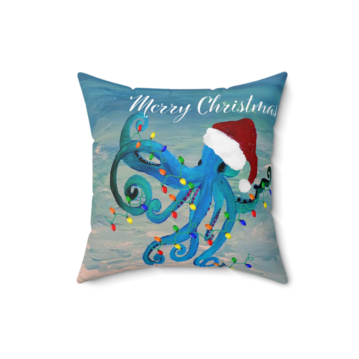 Merry Christmas Octopus Pillow — Festive Santa Hat Sea Creature Throw Pillow