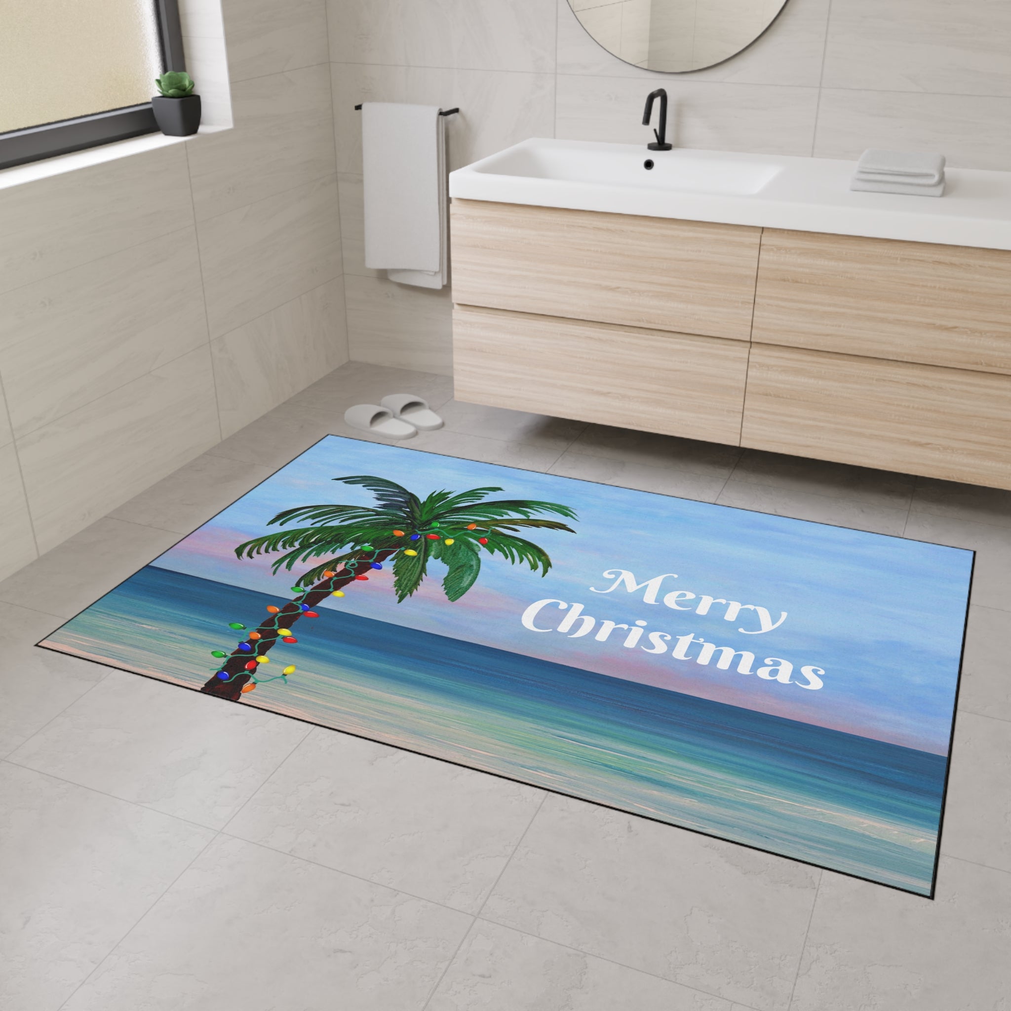 Merry Christmas Palm Tree Beach Floor Mat
