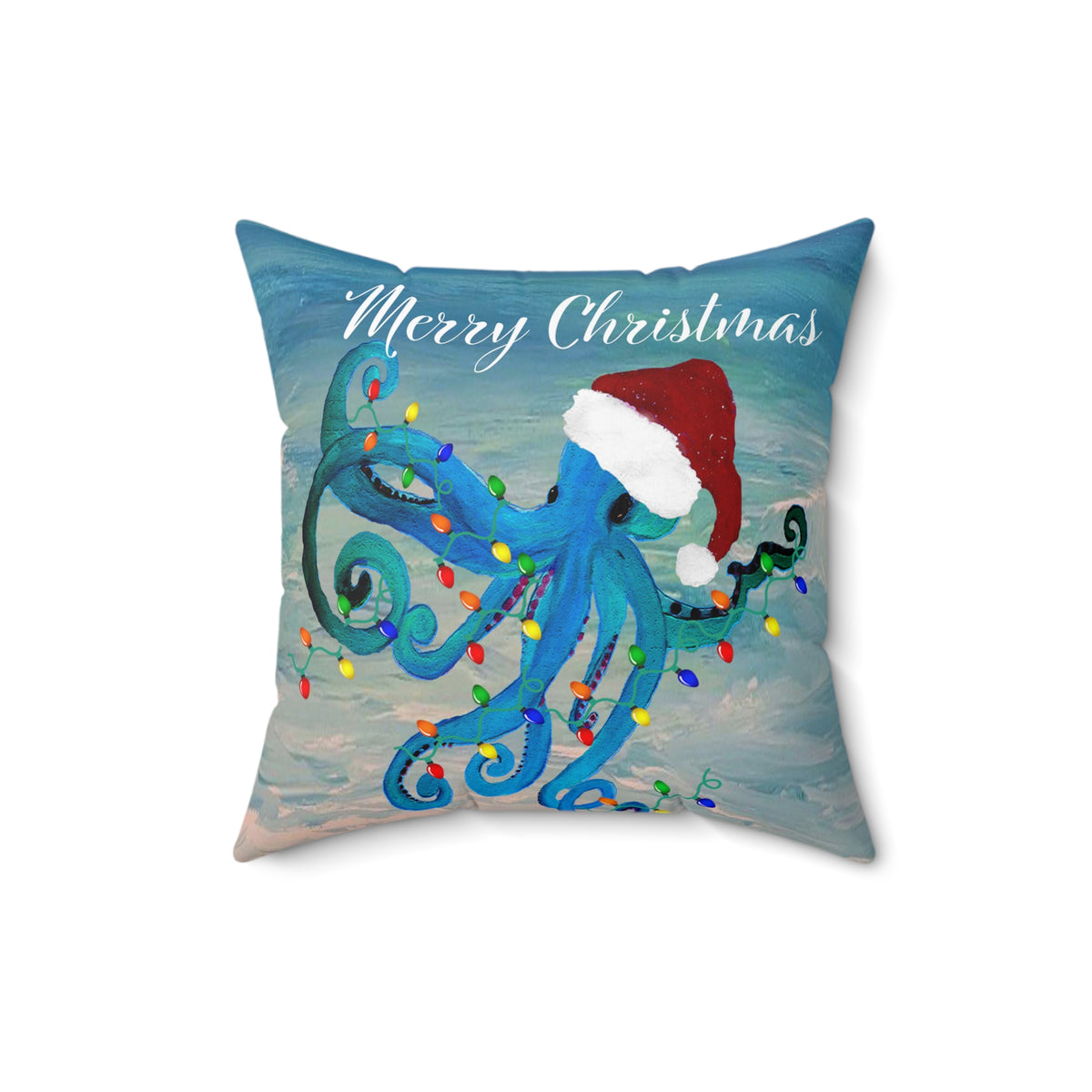 Merry Christmas Octopus Pillow — Festive Santa Hat Sea Creature Throw Pillow