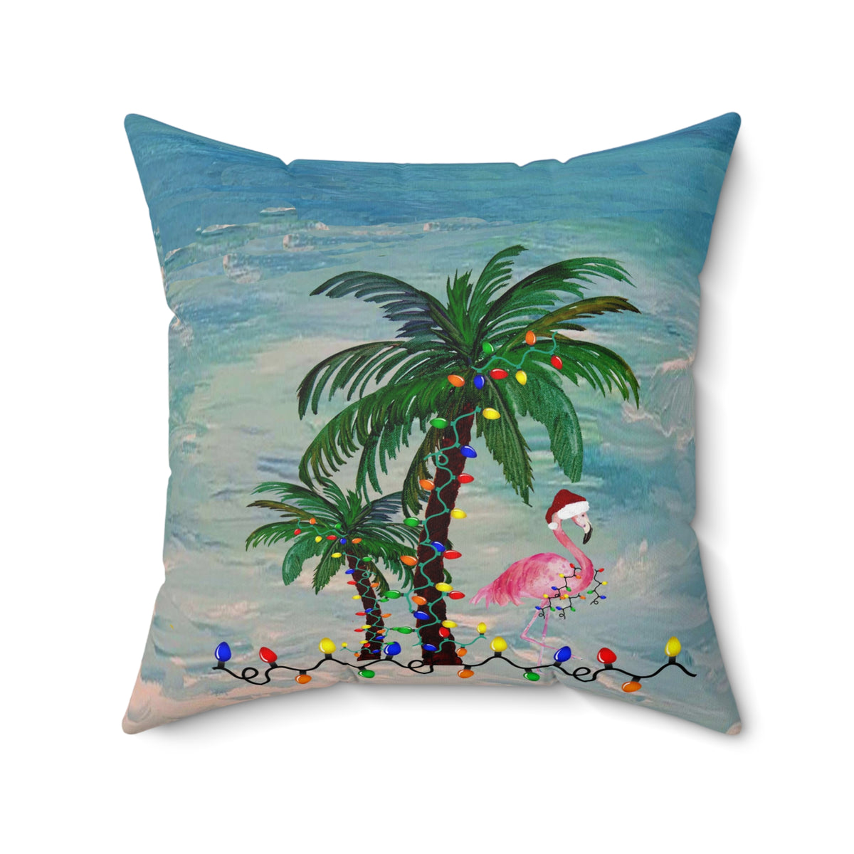 Tropical Christmas Palm Pillow — Flamingo & Holiday Lights Square Throw Pillow
