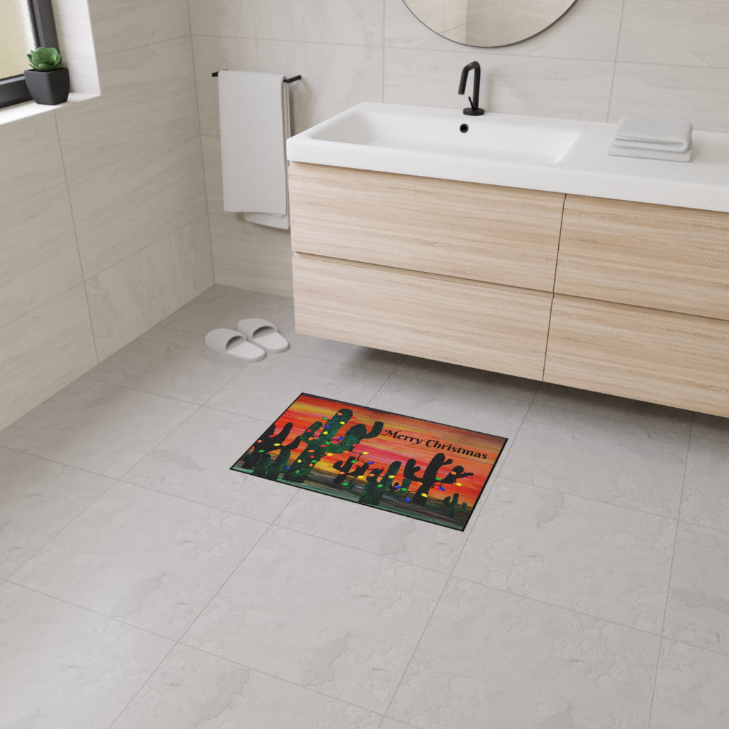 Christmas Cactus Doormat - "Merry Christmas" Desert Sunset Floor Mat