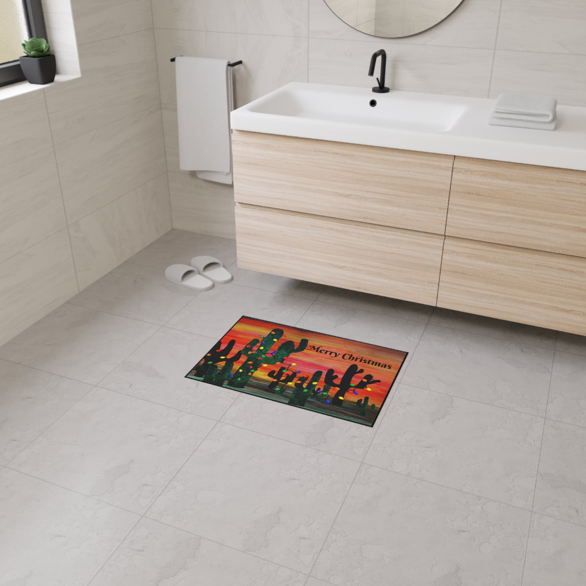 Christmas Cactus Doormat - "Merry Christmas" Desert Sunset Floor Mat