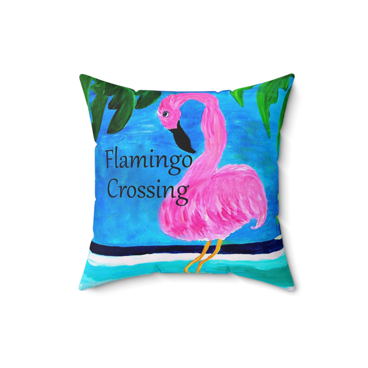 Flamingo Crossing Throw Pillow — Tropical Pink Flamingo Decorative Pillow