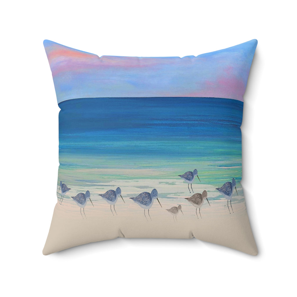Beach Shorebirds Throw Pillow — Coastal Ocean Sunset Decorative Pillow