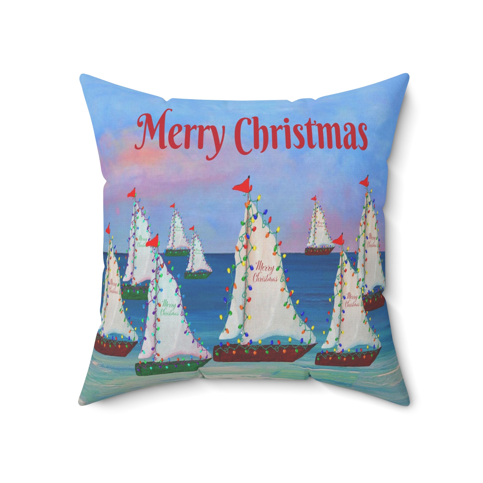 Merry Christmas Sailboat Pillow — Coastal Holiday Decorative Throw Pillow