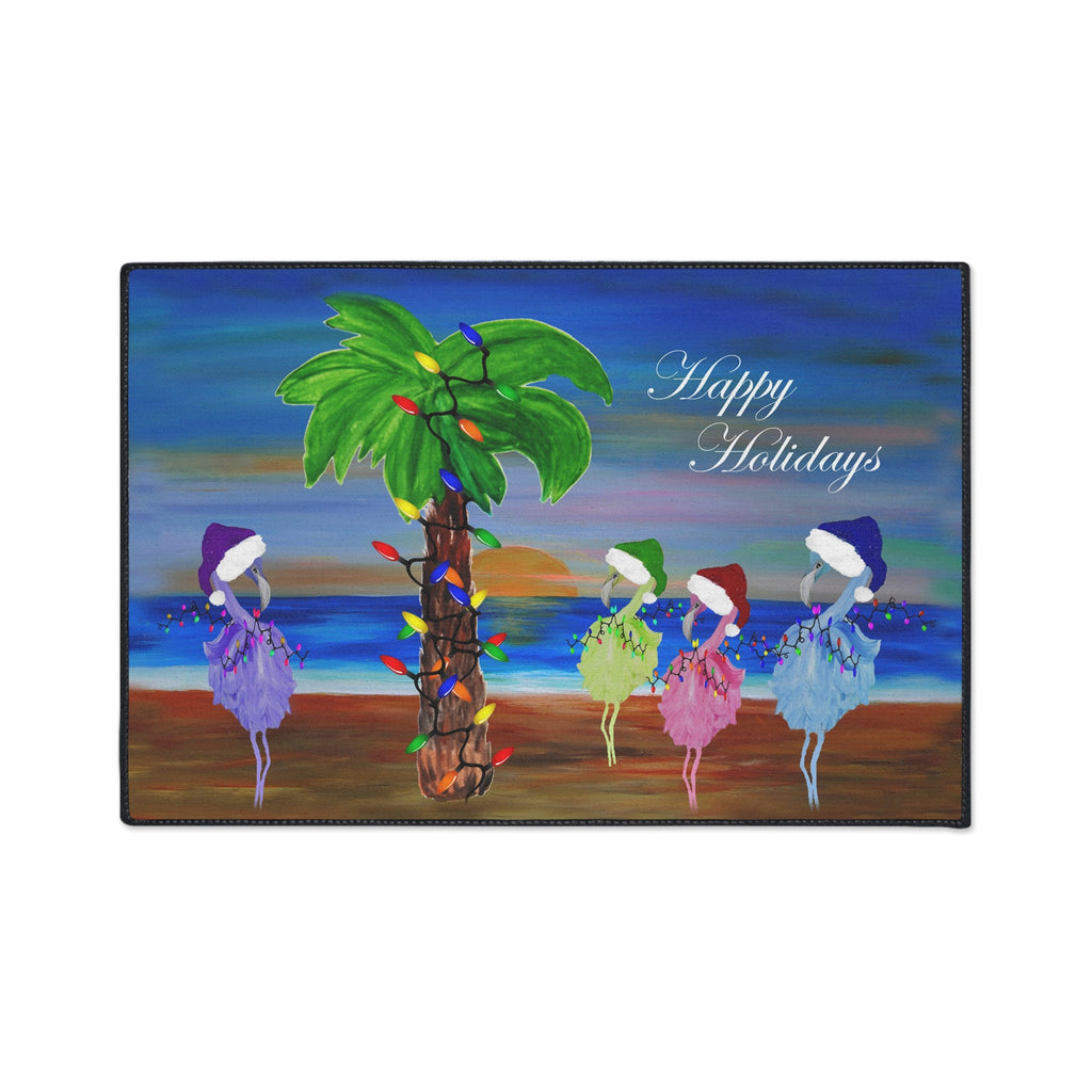 Holiday Beach Floor Mat — "Happy Holidays" Palm Tree & Carolers Doormat