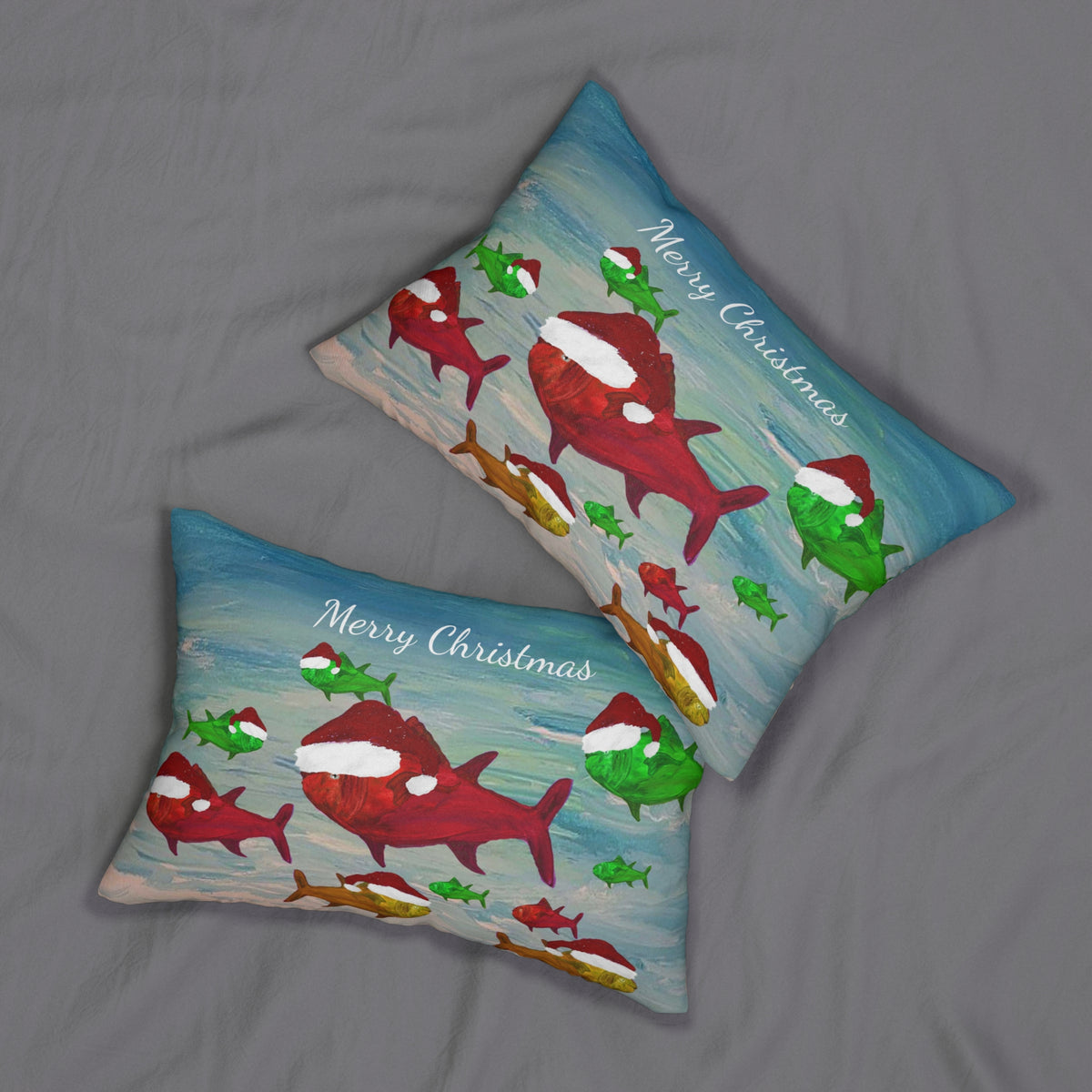 Christmas Fish Lumbar Pillow — "Merry Christmas" Holiday Ocean Decor