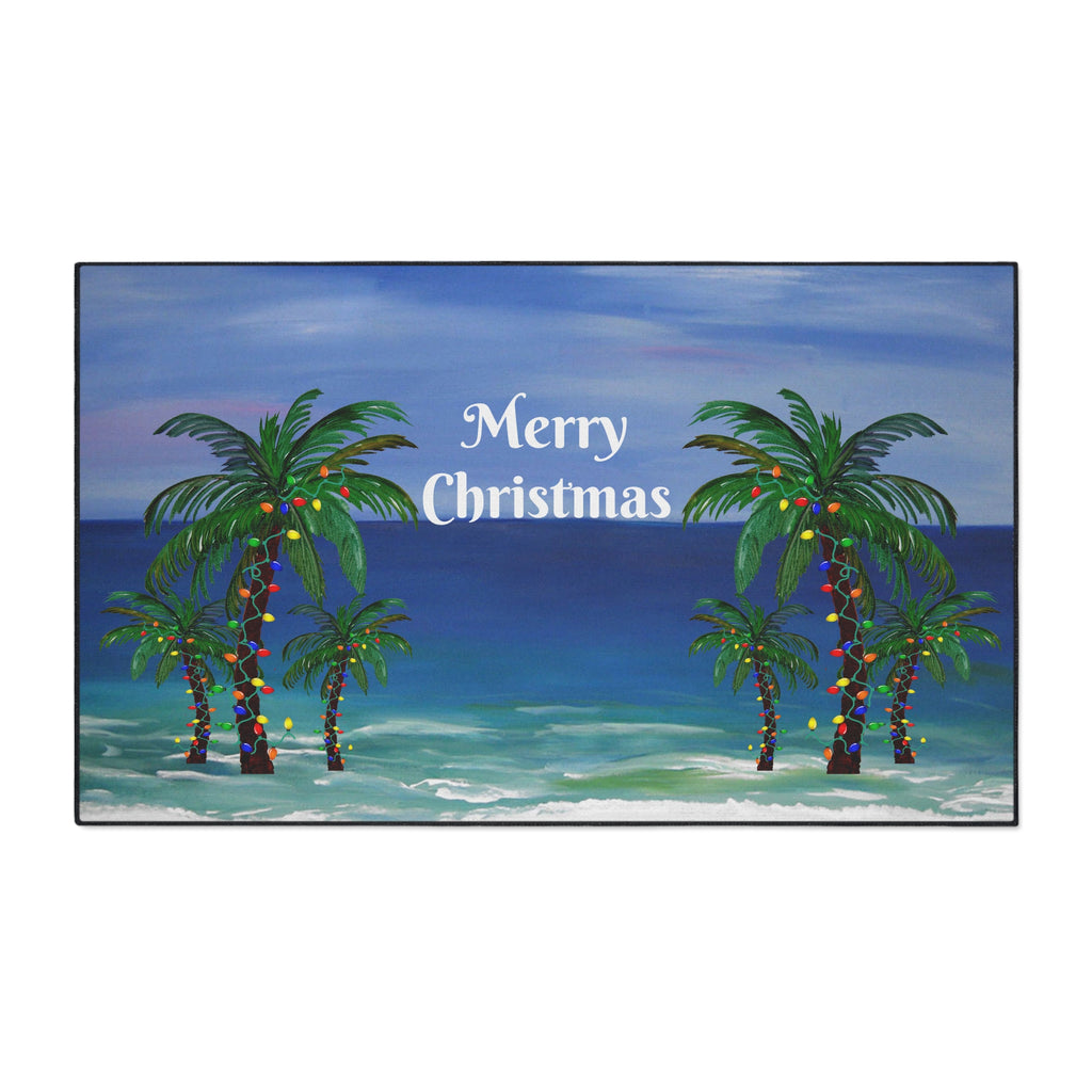 Merry Christmas Beach Floor Mat — Tropical Palm Trees Holiday Doormat