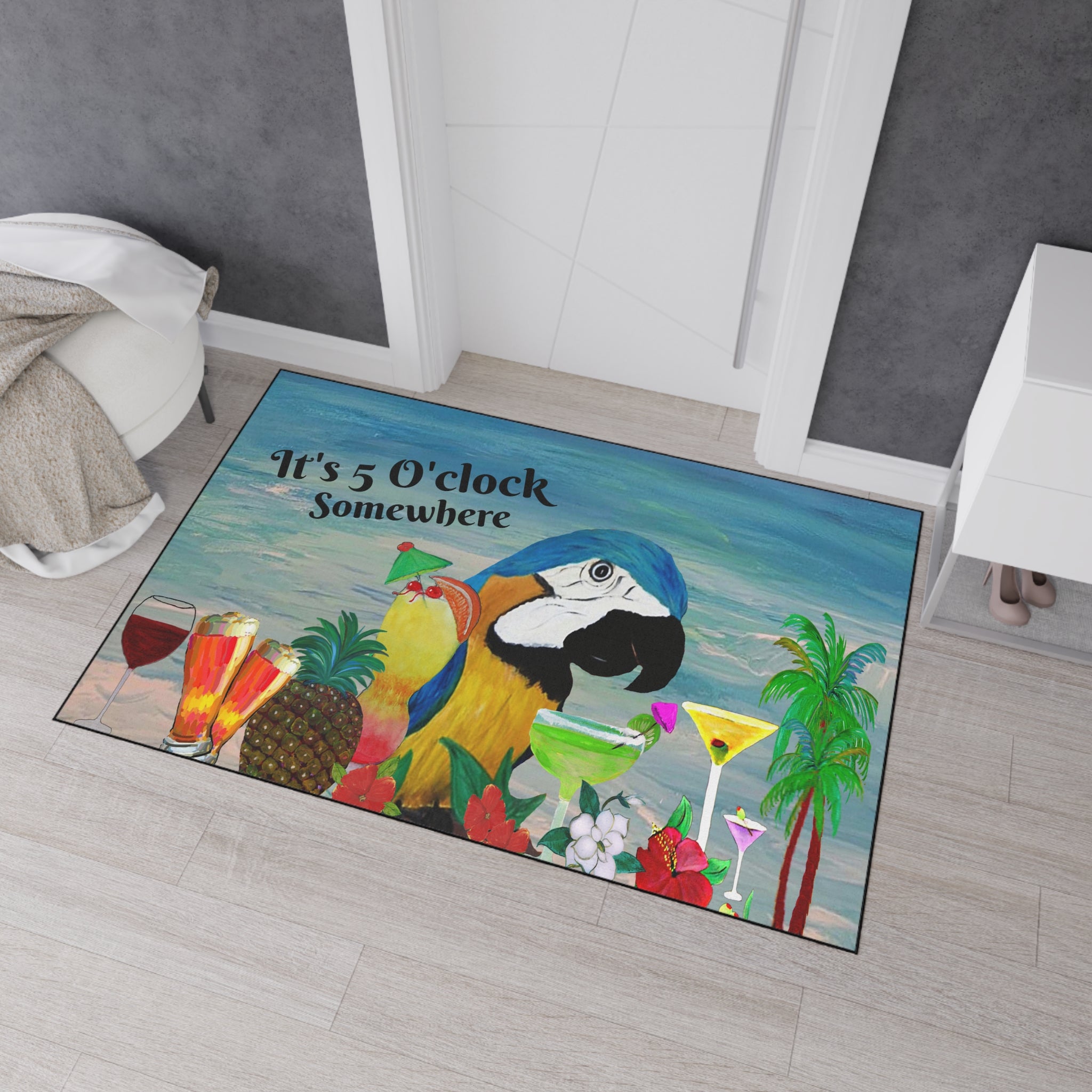 Parrot Bar Heavy Duty Floor Mat — "It's 5 O'Clock Somewhere" Tropical Parrot Drink Mat