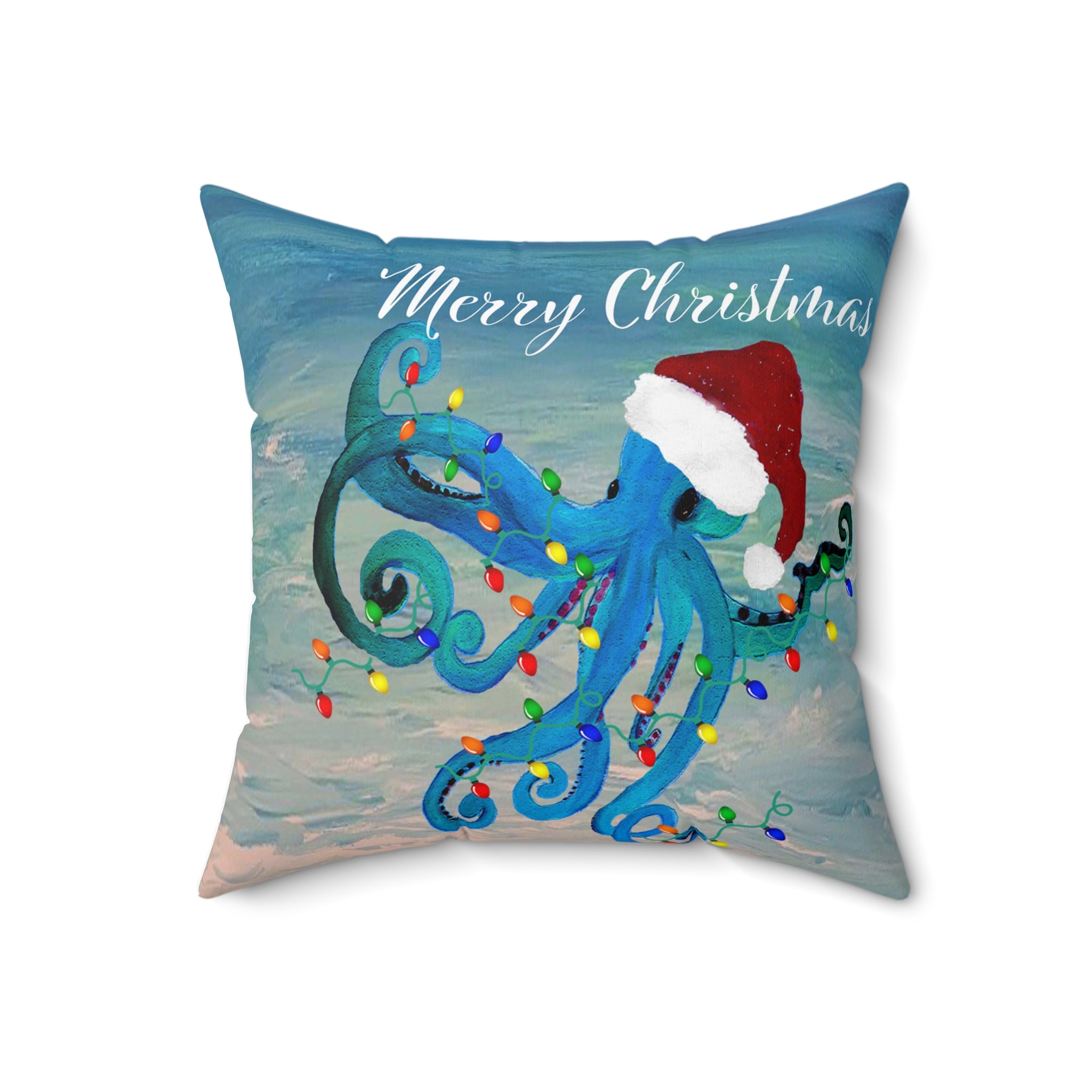 Merry Christmas Octopus Pillow — Festive Santa Hat Sea Creature Throw Pillow