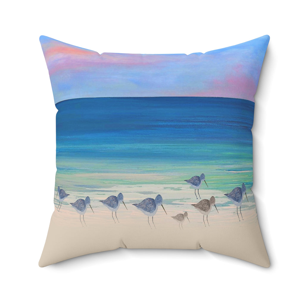 Beach Shorebirds Throw Pillow — Coastal Ocean Sunset Decorative Pillow