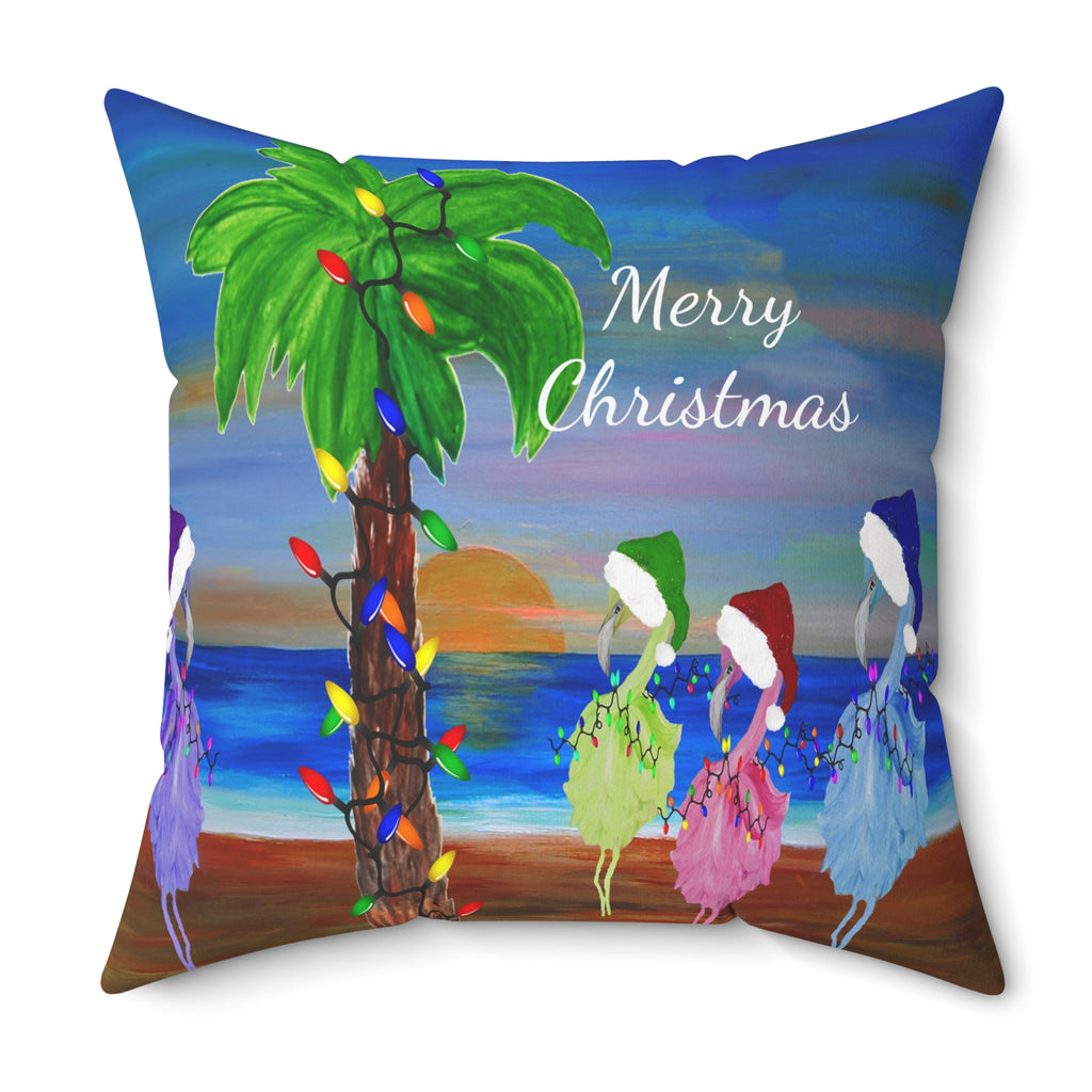 Flamingos Merry Christmas Tropical Palm Pillow — Festive Beach Holiday Decor