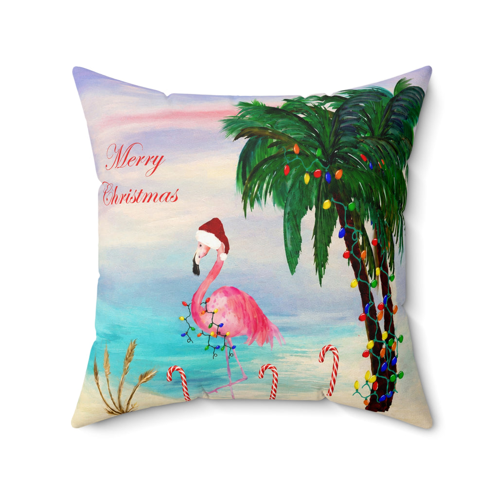 Christmas Flamingo Candy Canes Beach Pillow — Merry Christmas Tropical Holiday Throw Pillow