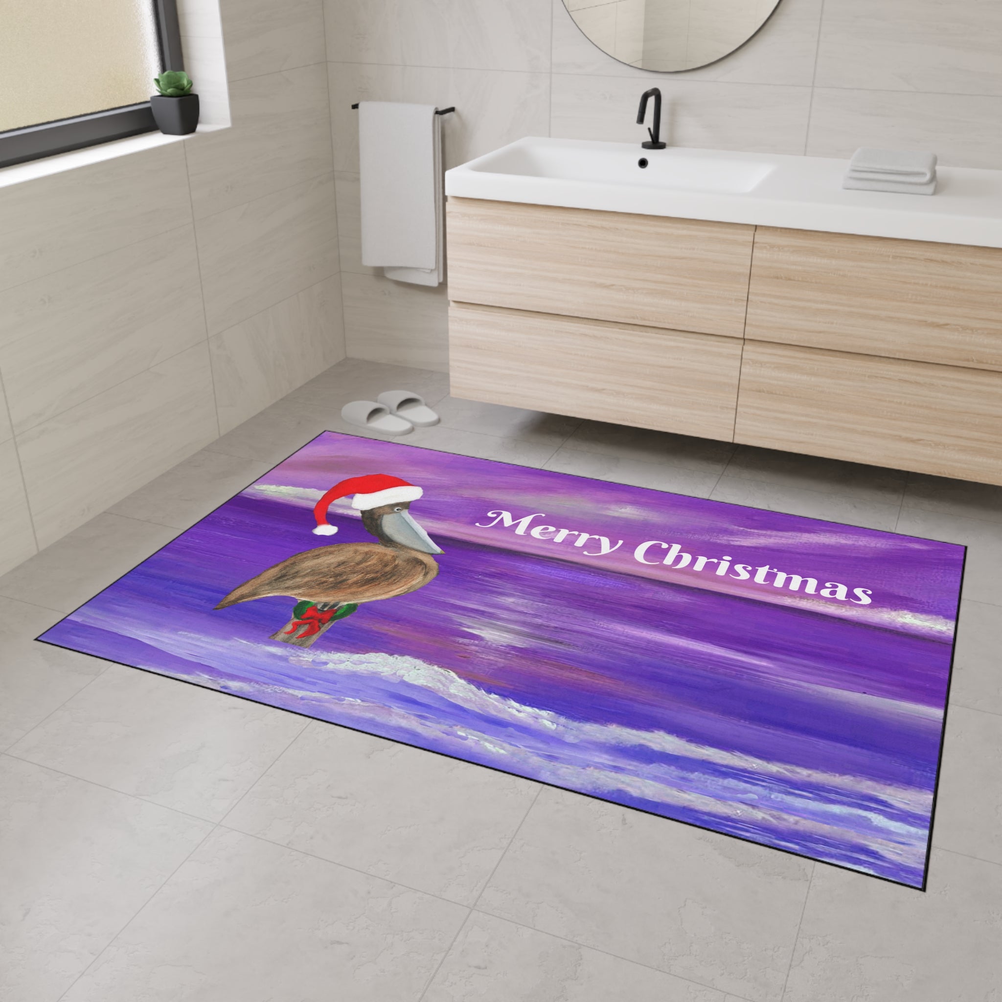 Merry Christmas Pelican Heavy-Duty Floor Mat — Coastal Holiday Welcome Mat