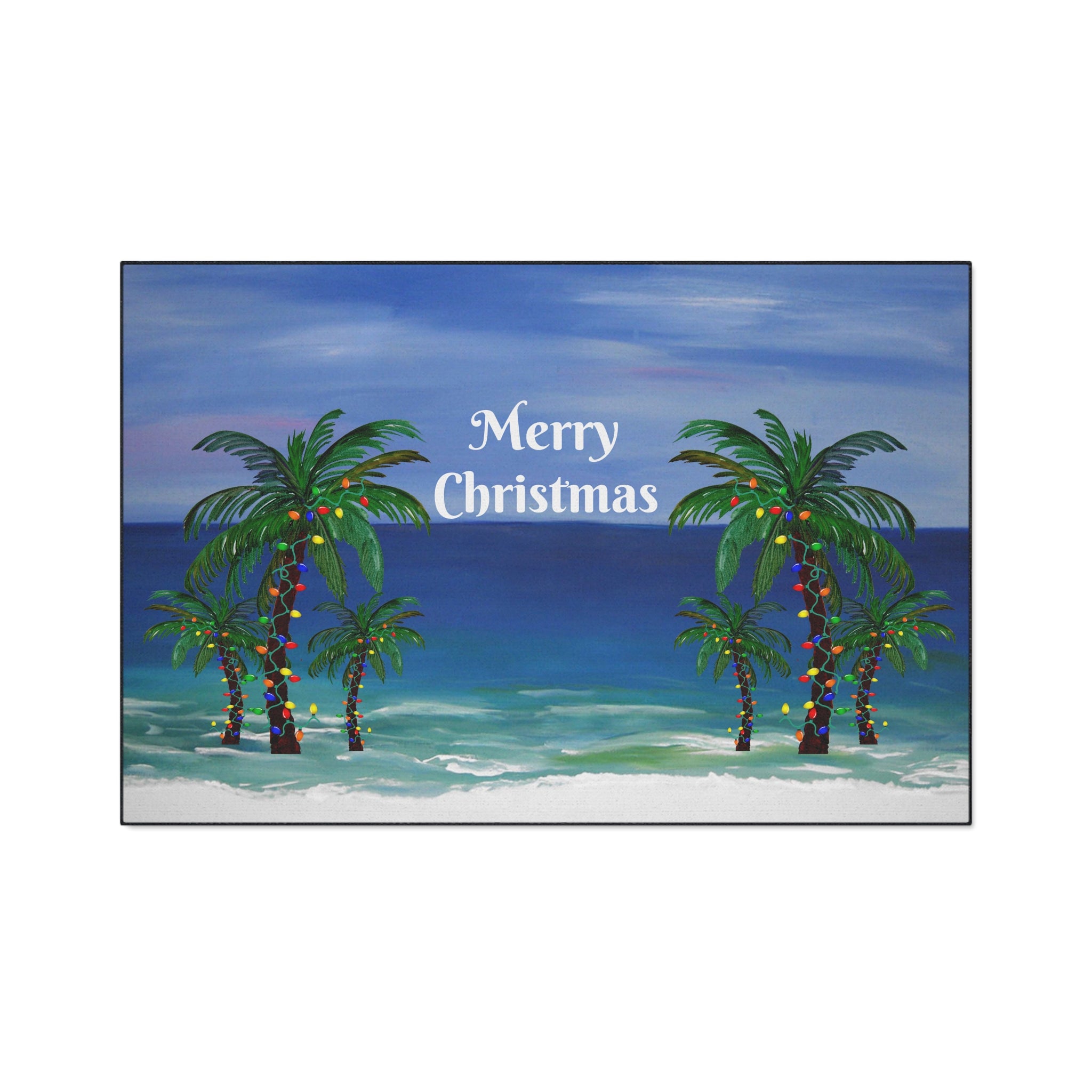 Merry Christmas Beach Floor Mat — Tropical Palm Trees Holiday Doormat
