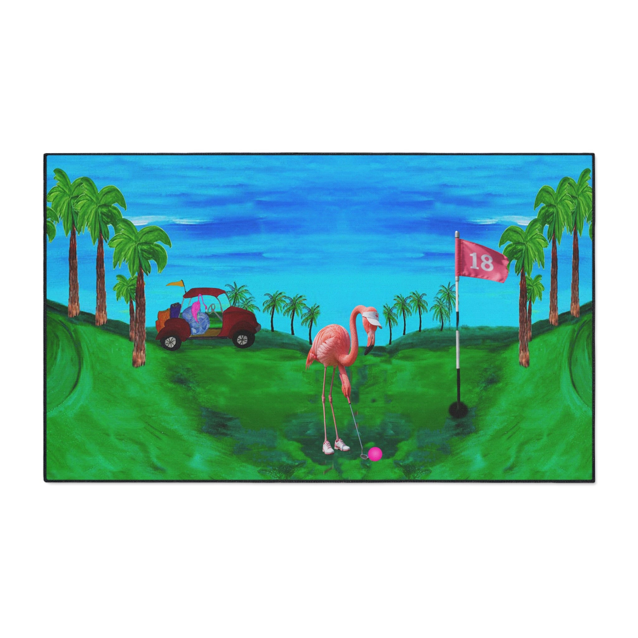 Golf Flamingo Heavy Duty Floor Mat — Tropical 18th Hole Welcome Mat