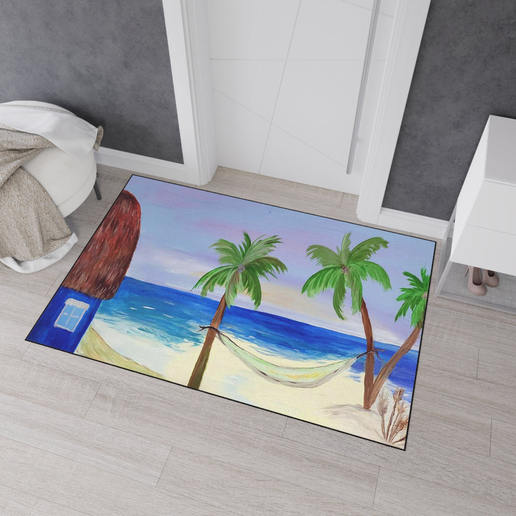 Beach Scene Heavy Duty Floor Mat — Tropical Hammock Palm Tree Doormat