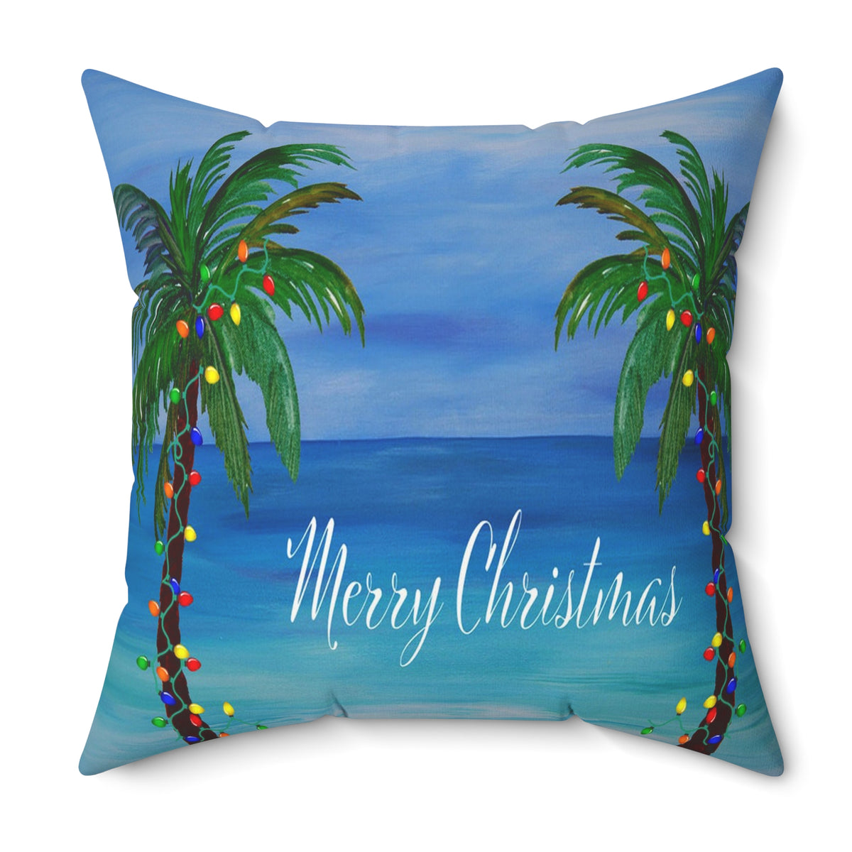 Merry Christmas Tropical Pillow — Palm Trees & Beach Holiday Throw Pillow