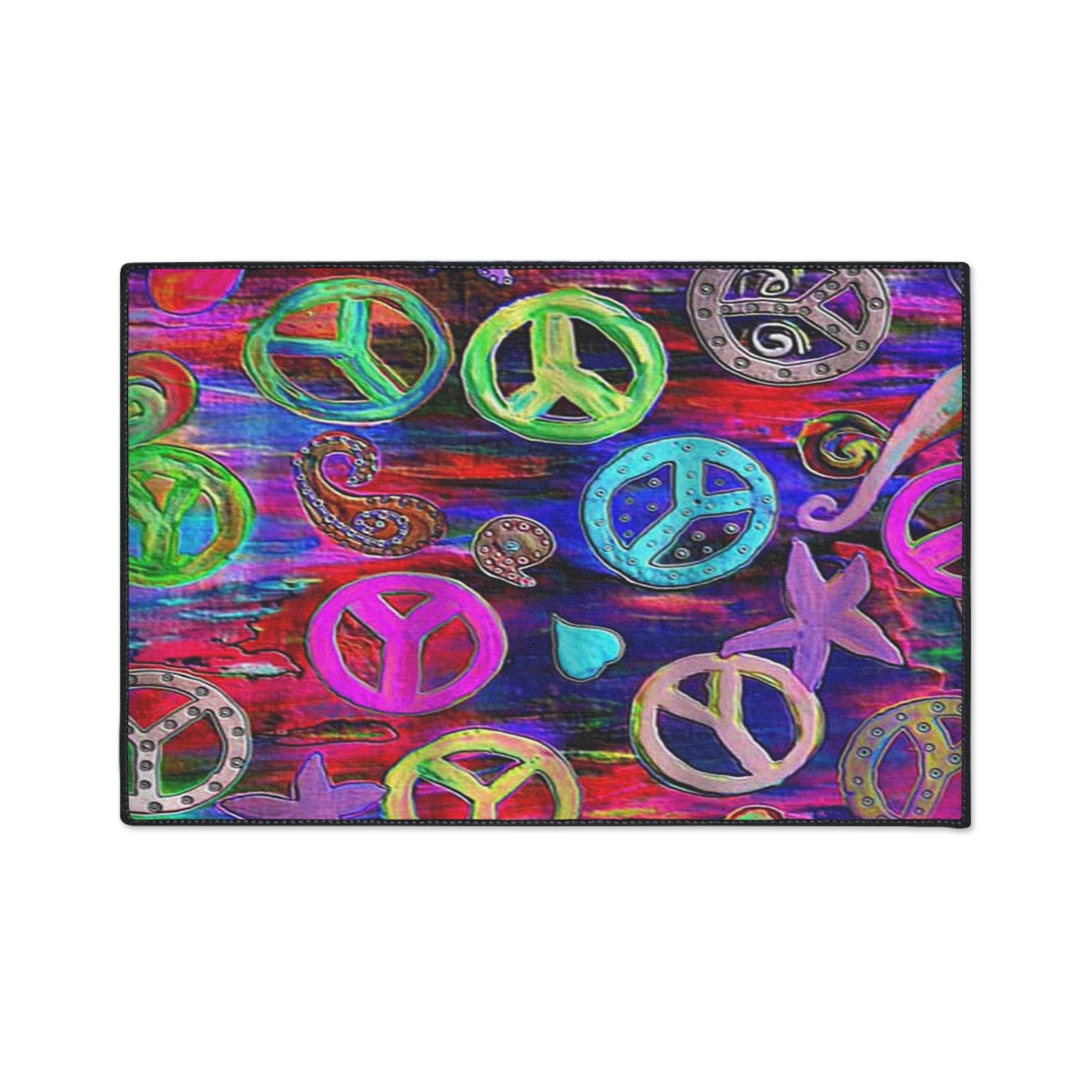 Vibrant Peace Signs Heavy Duty Floor Mat — Colorful Boho Entry Rug