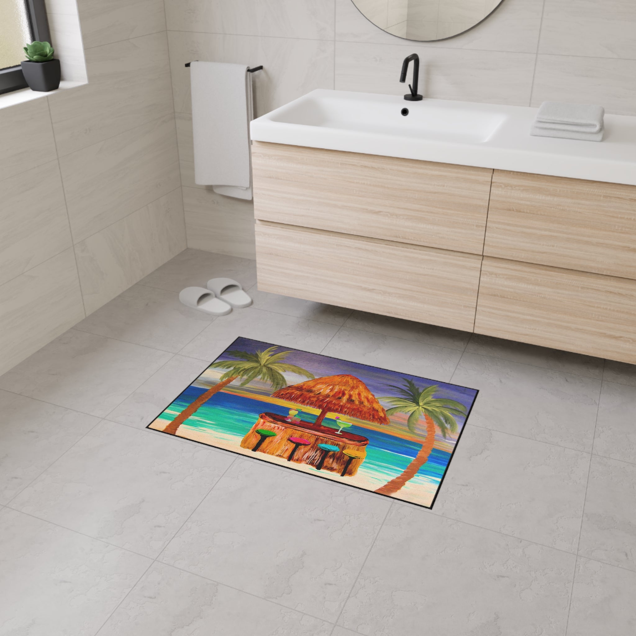 Tiki Bar Floor Mat – Tropical Beach Doormat with Palm Trees & Cocktail Design