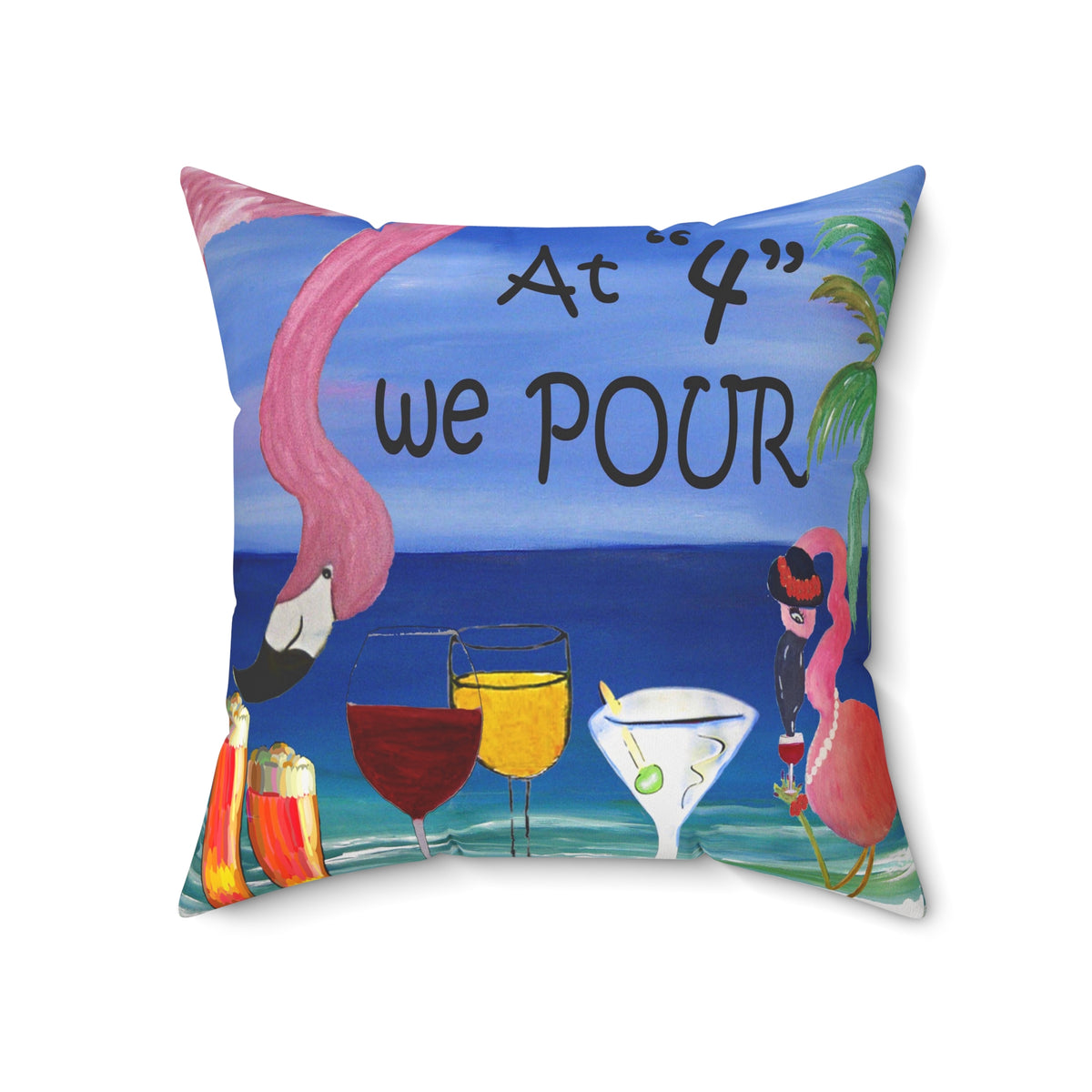 At 4 We Pour Tropical Flamingo Cocktail Pillow