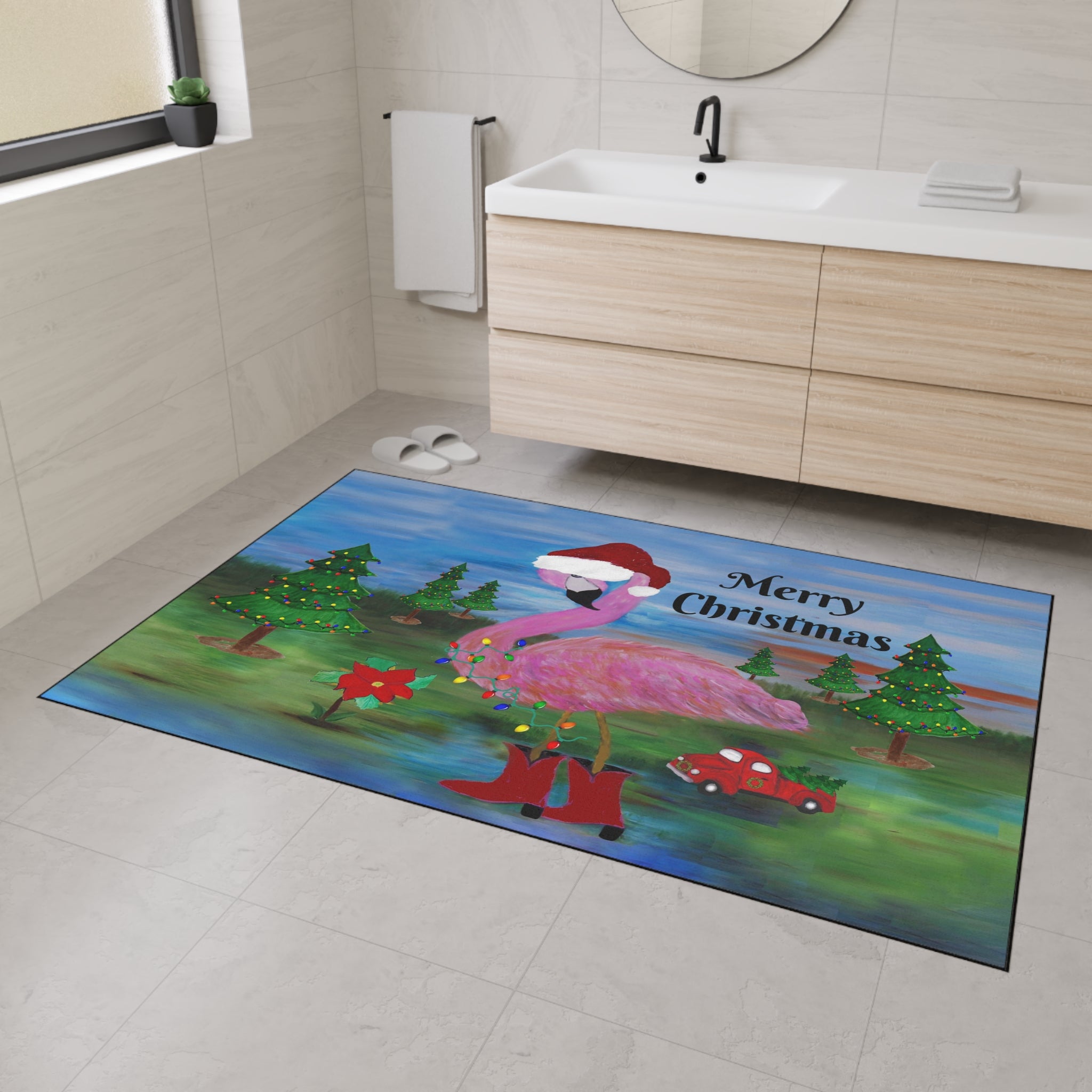 Christmas Flamingo Floor Mat - Merry Christmas Holiday Doormat