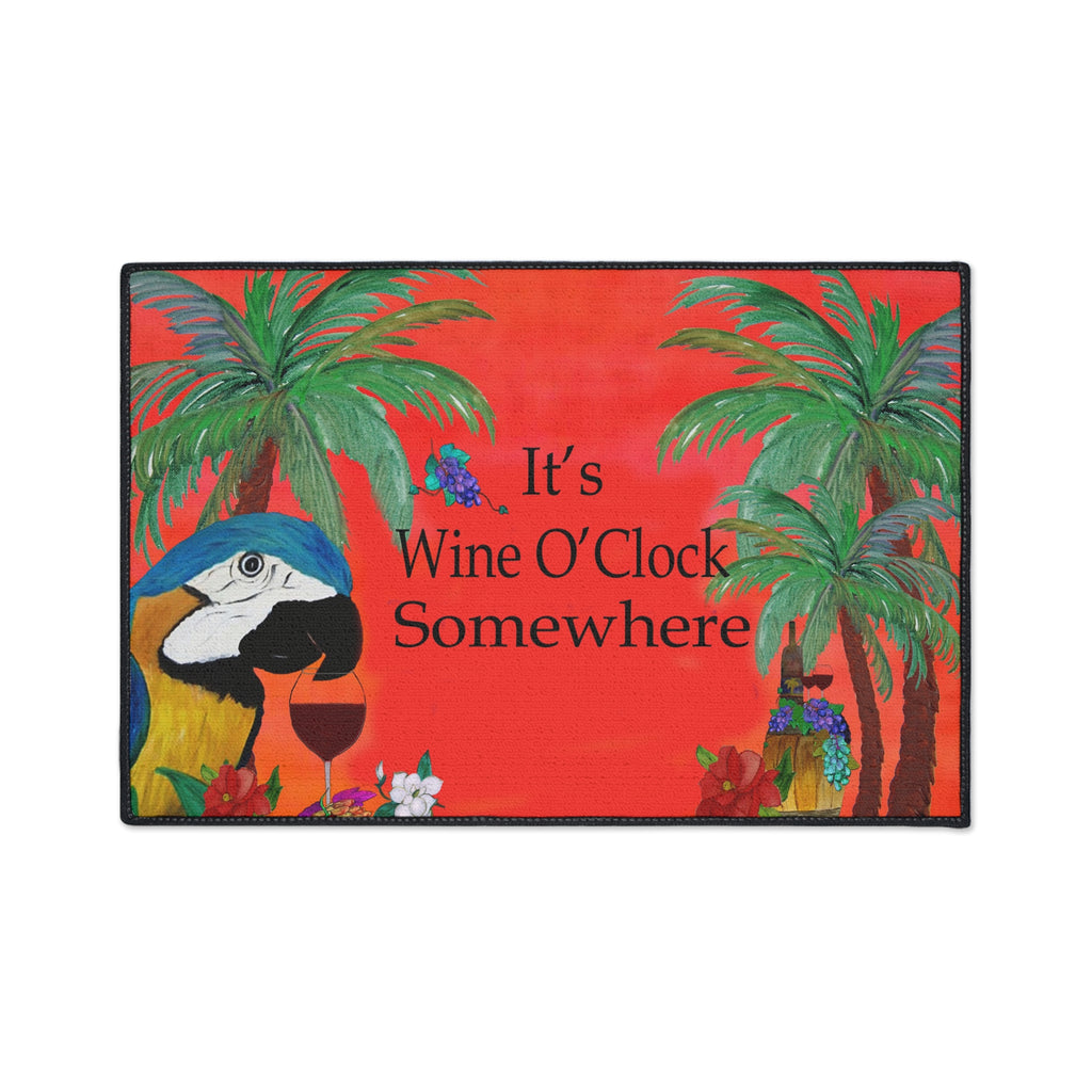 Floor Mat — "It’s Wine O’Clock Somewhere" Tropical Parrot Welcome Mat