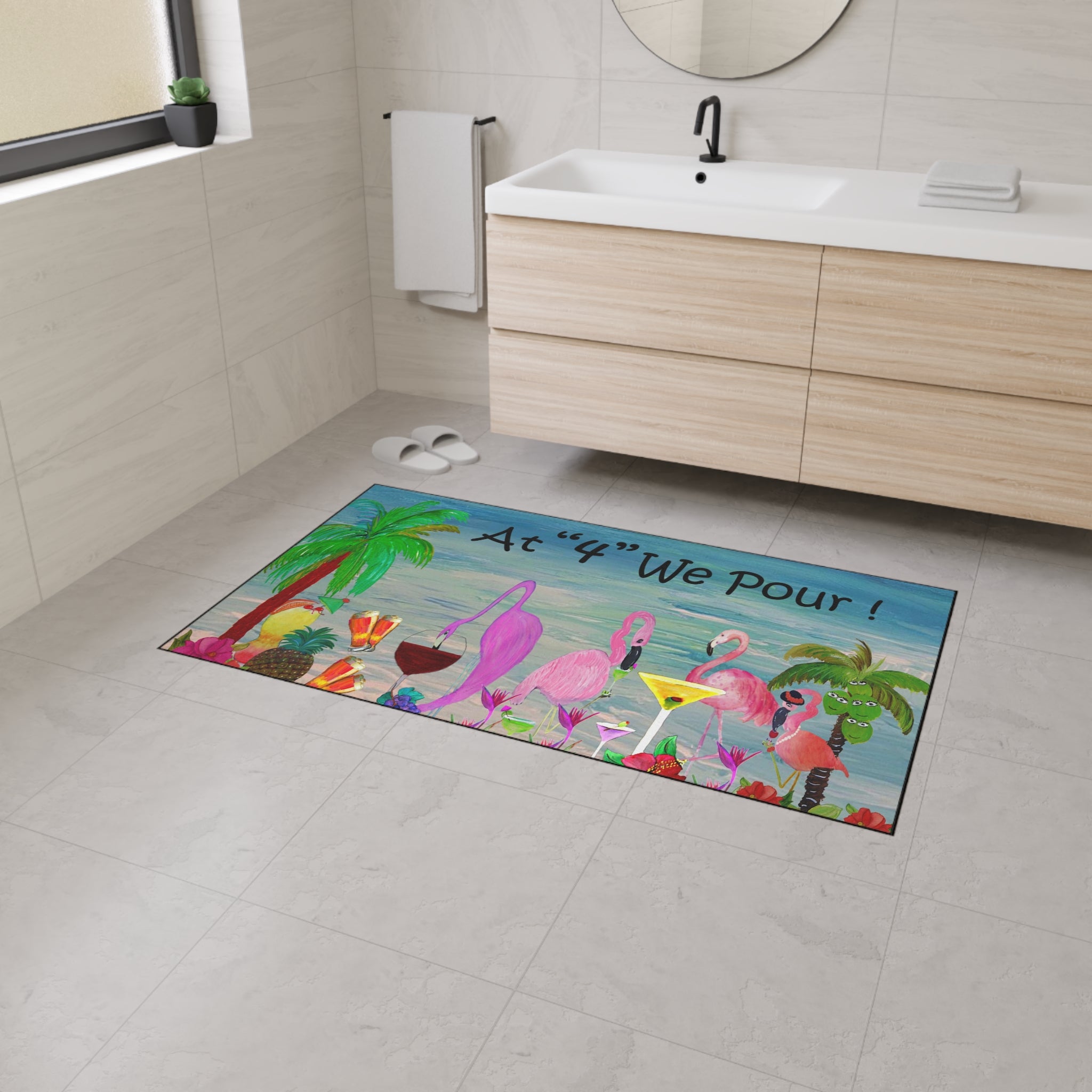 Tropical Flamingo Cocktails Doormat — "At '4' We Pour!" Heavy Duty Floor Mat