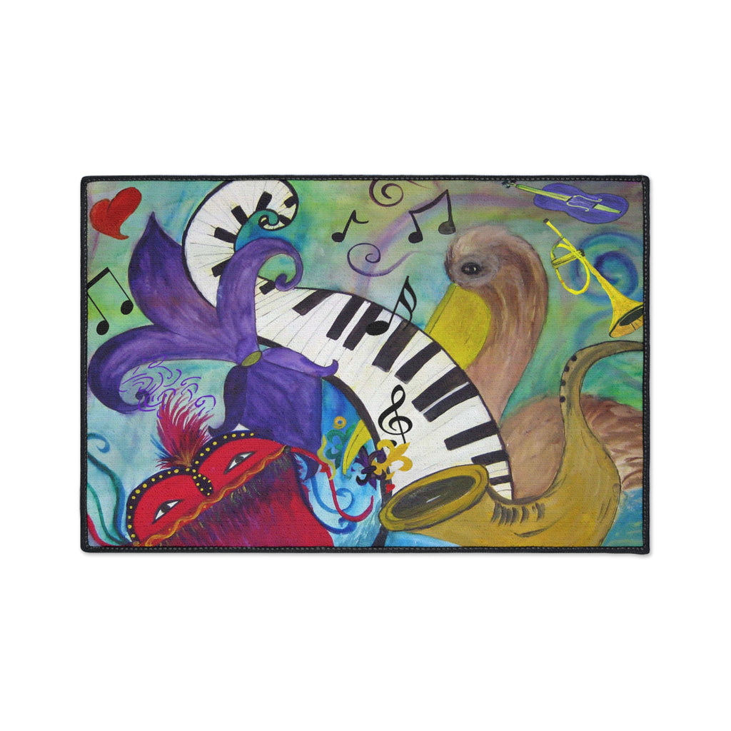 Mardi Gras Jazz Floor Mat — Colorful Musical Mask & Saxophone Doormat