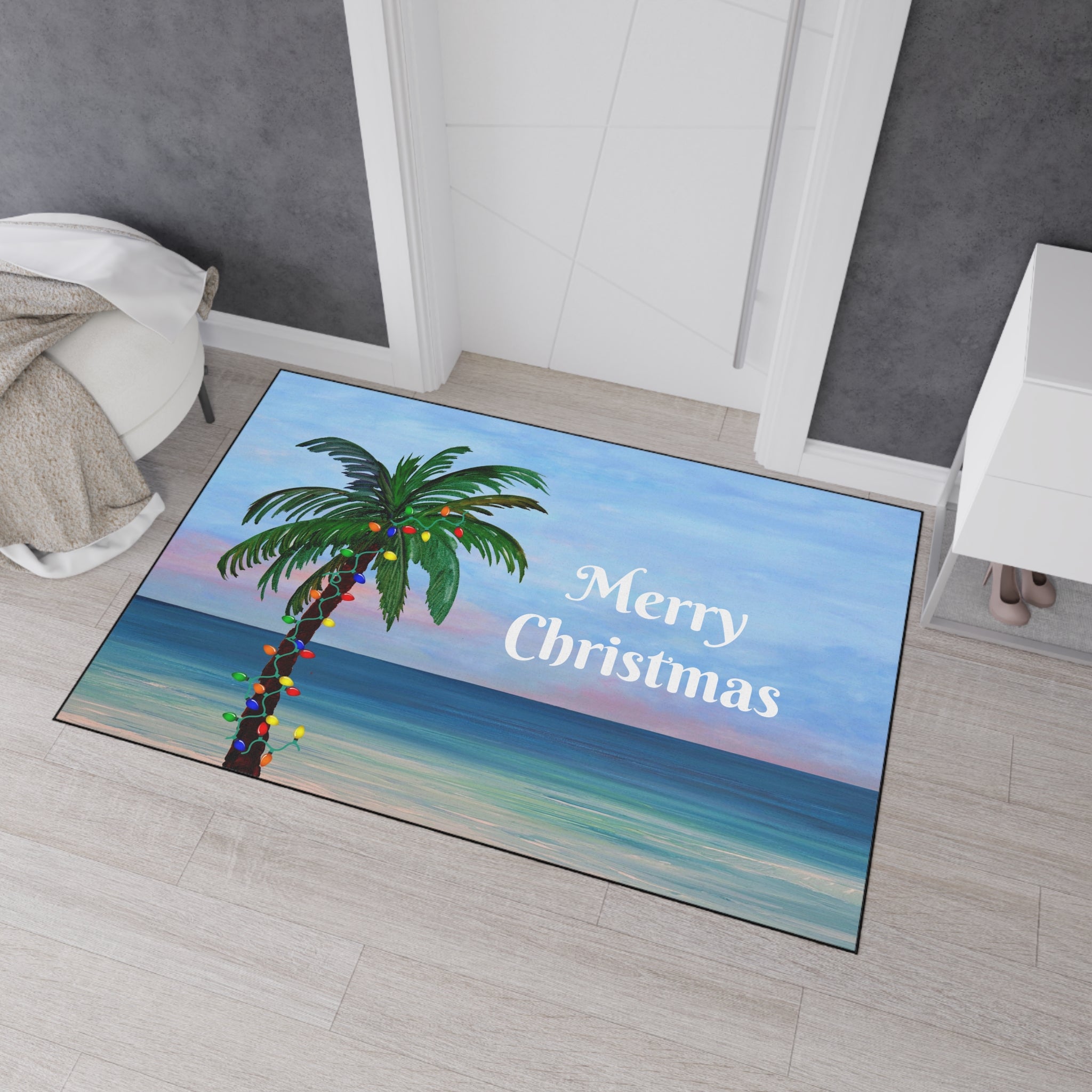 Merry Christmas Palm Tree Beach Floor Mat
