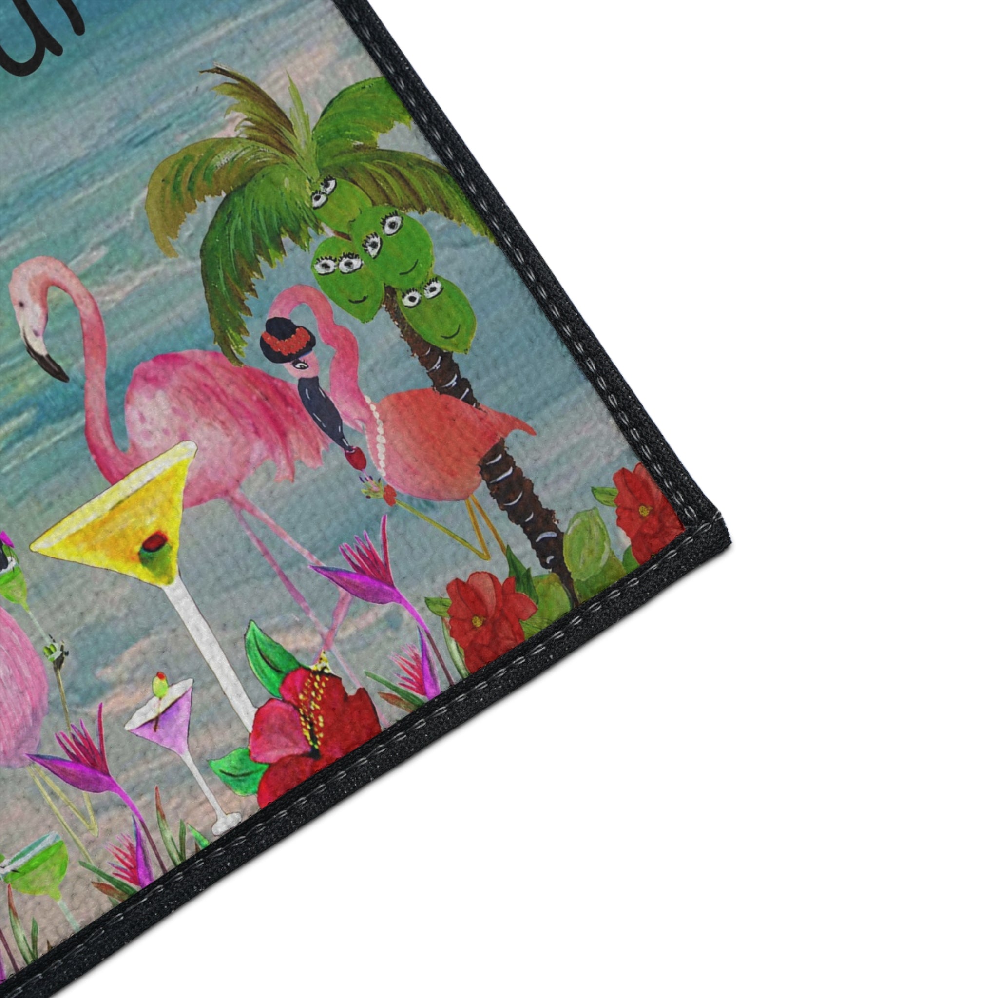 Tropical Flamingo Cocktails Doormat — "At '4' We Pour!" Heavy Duty Floor Mat