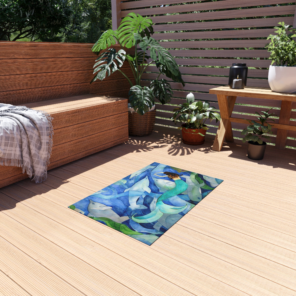 Mermaid & Dolphins Outdoor Rug — Nautical Coastal Patio Mat