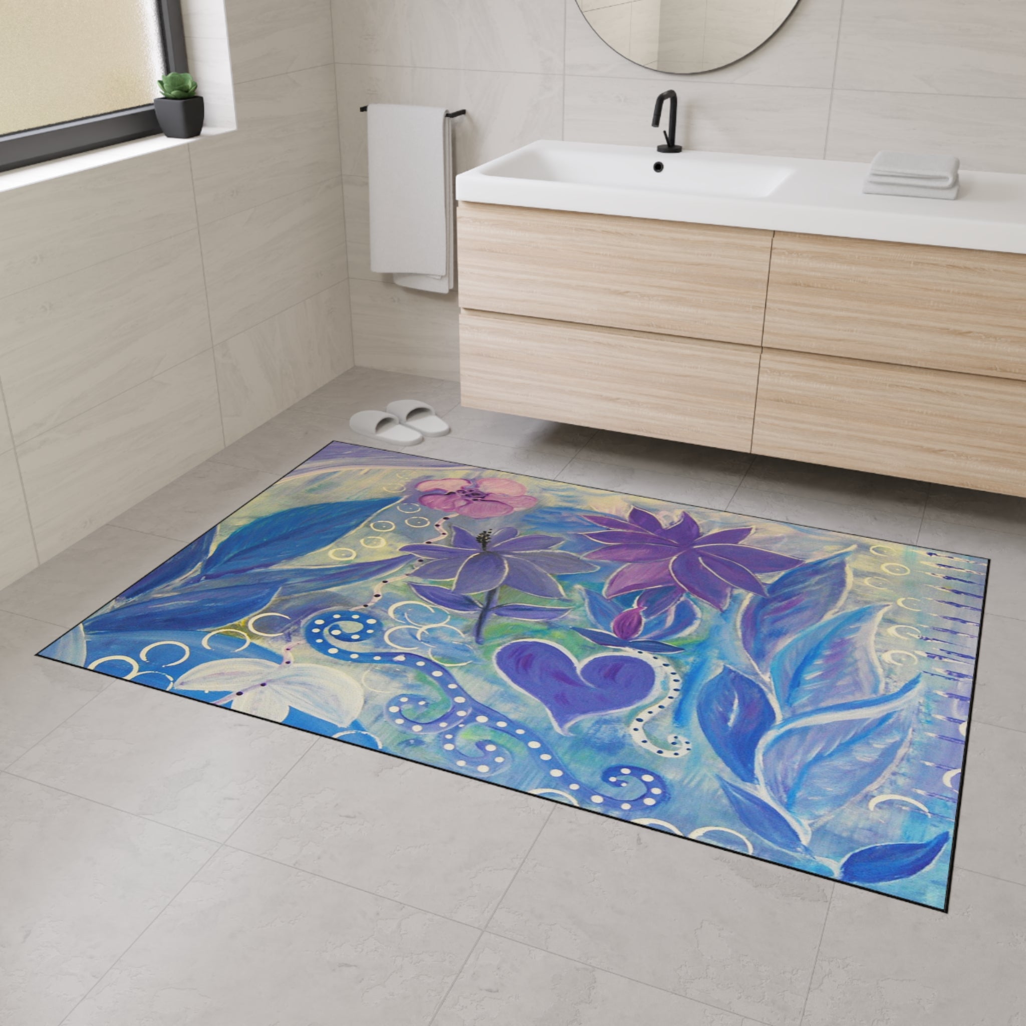 Floral Heart Heavy-Duty Floor Mat — Purple Blue Garden Door Mat